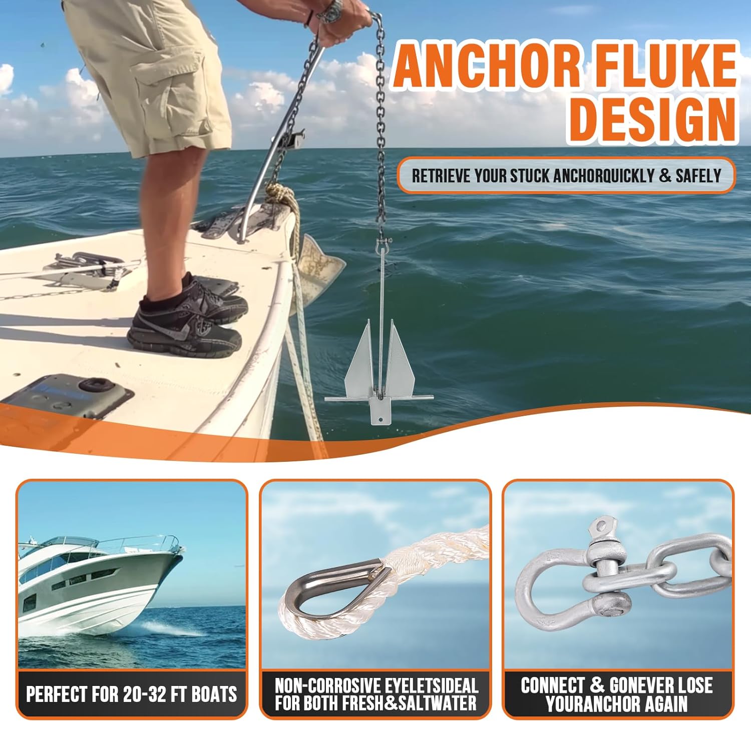 13Lbs Heavy Duty Boat Anchor Kit, Fluke Style Anchor Kit with Anchor Chain and Boat Anchor Rope Set for Boats Pontoon, Deck, Sail, Fishing, Portable Hot Dipped Galvanized Fluke Style Anchor