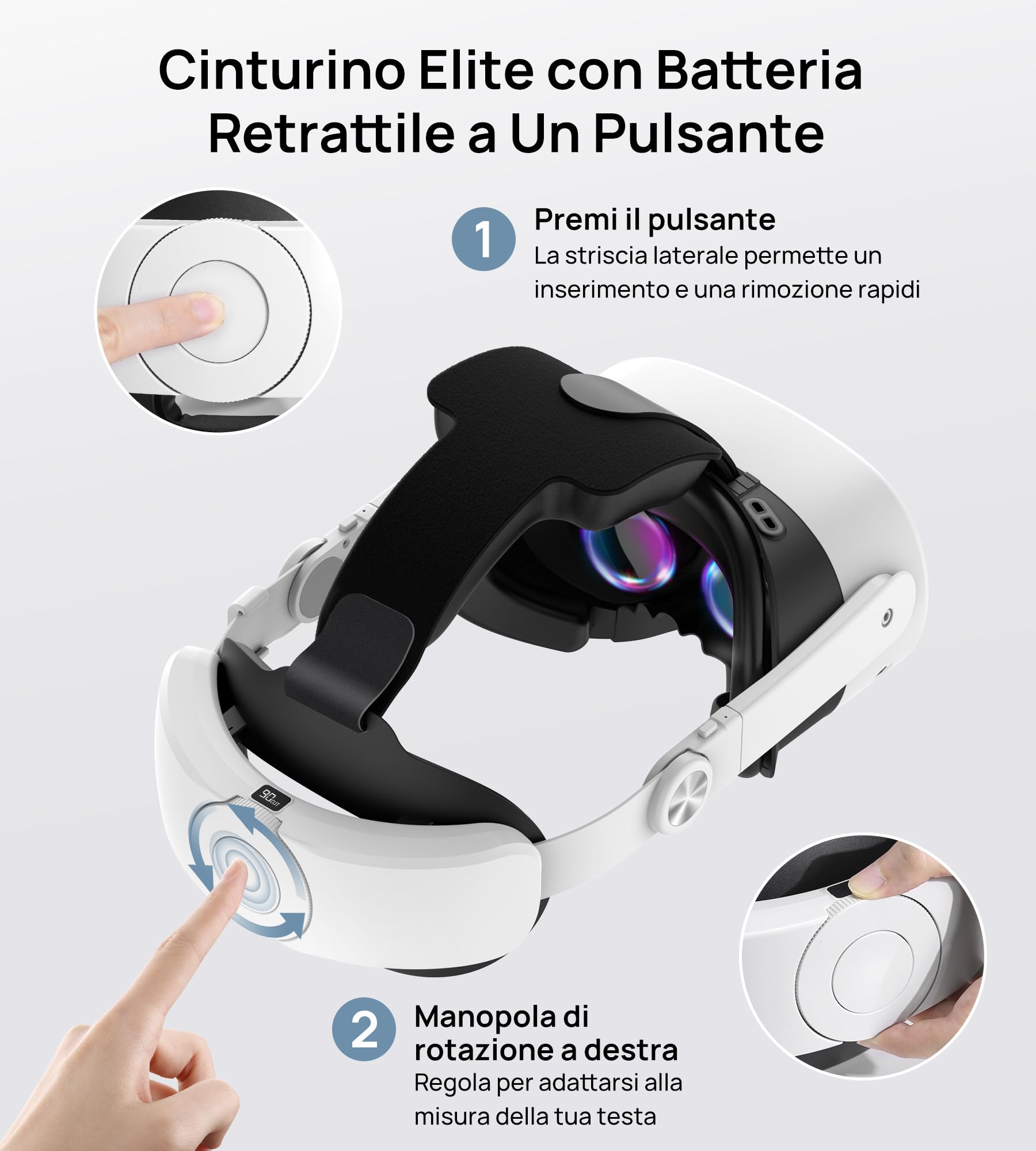 Cinturino Elite con Batteria 10000mAh per Meta Quest 3S/Quest 3/Quest 2, Regolazione Retrattile a Un Solo Pulsante