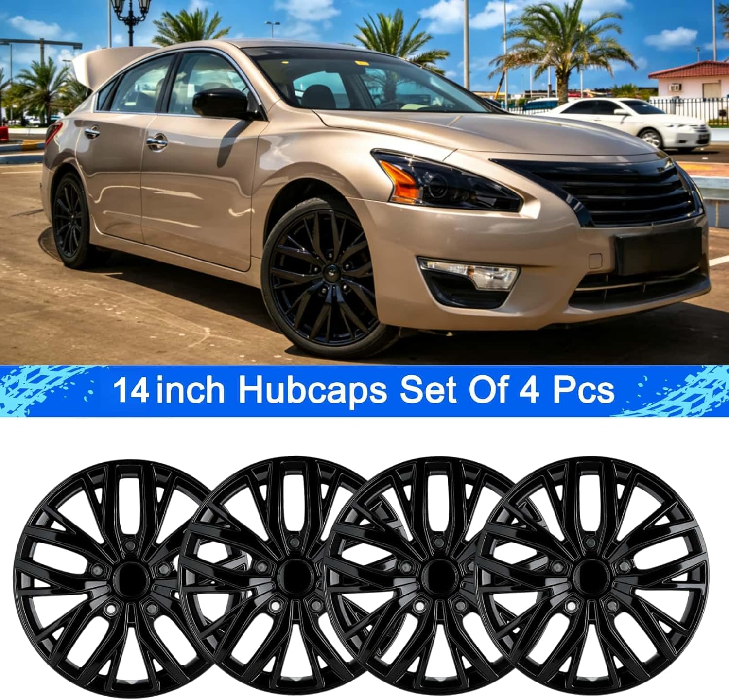 14-Inch ABS Hubcaps with Steel Rings & Adjusters, Patented Design, Universal Fit, Set of 4 Wheel Covers (Glossy Black)