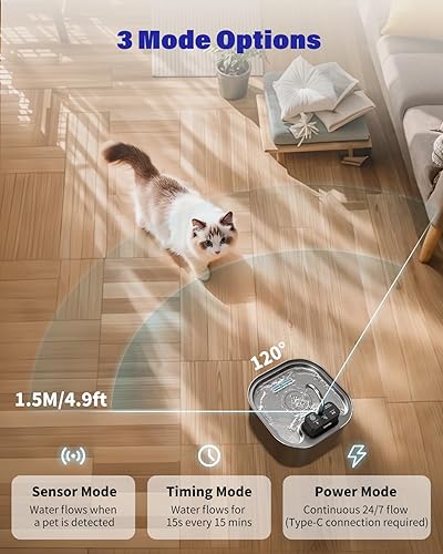 Miniatura 4 de Fuente de agua inalámbrica para gatos de acero inoxidable de 3.2L108 onzas, fuente para mascotas con 3 modos, dispensador de agua inalámbrico para