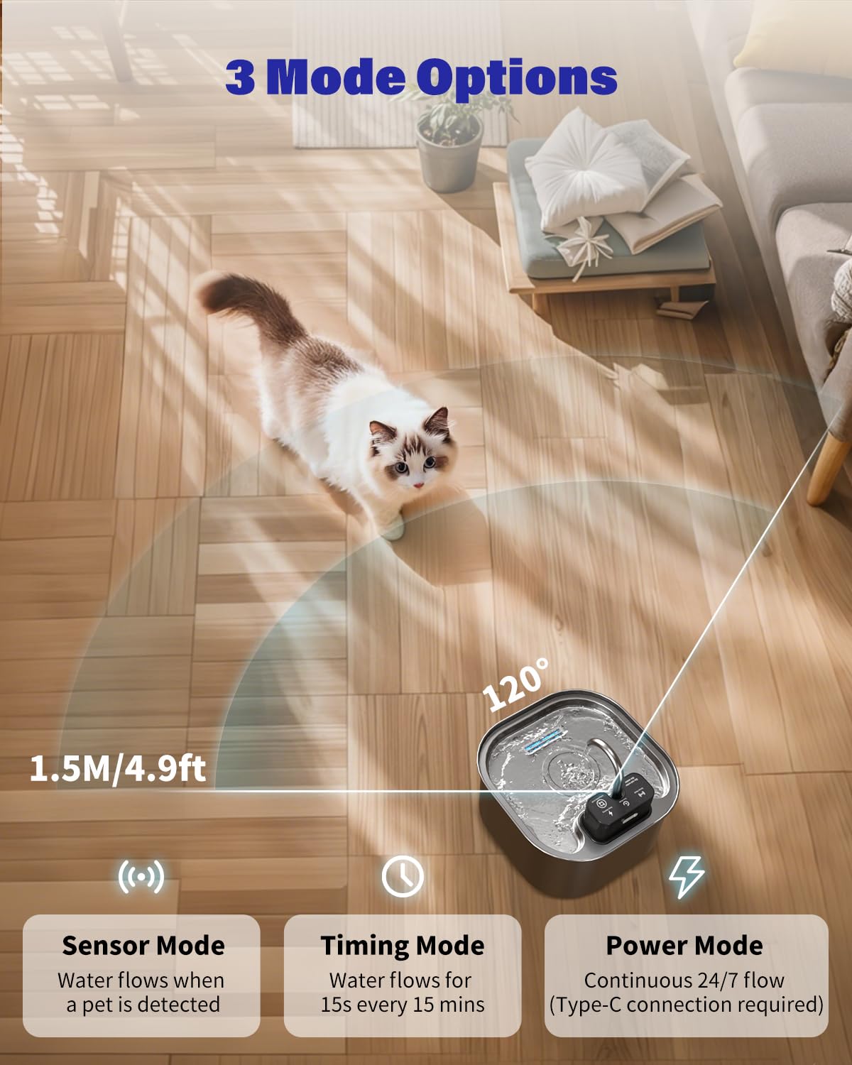 Wireless Cat Water Fountain Stainless Steel with 4 Filters & 4 Sponges, 3.2L/108oz Battery Operated Pet Fountain, Cordless Pet Water Dispenser for Cats and Dogs - image 4