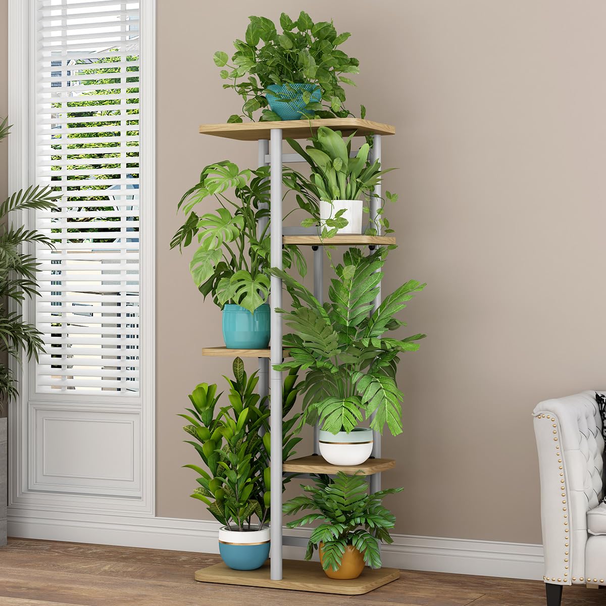 5 Tier Hölzern Blumenregal Metall Pflanzenregal, Mehrstöckig Blumenständer, Pflanzenständer Indoor Outdoor, Blumenbank Blumentreppe, Pflanzentreppe Standregal für Garten, Balkon, Terrasse, A