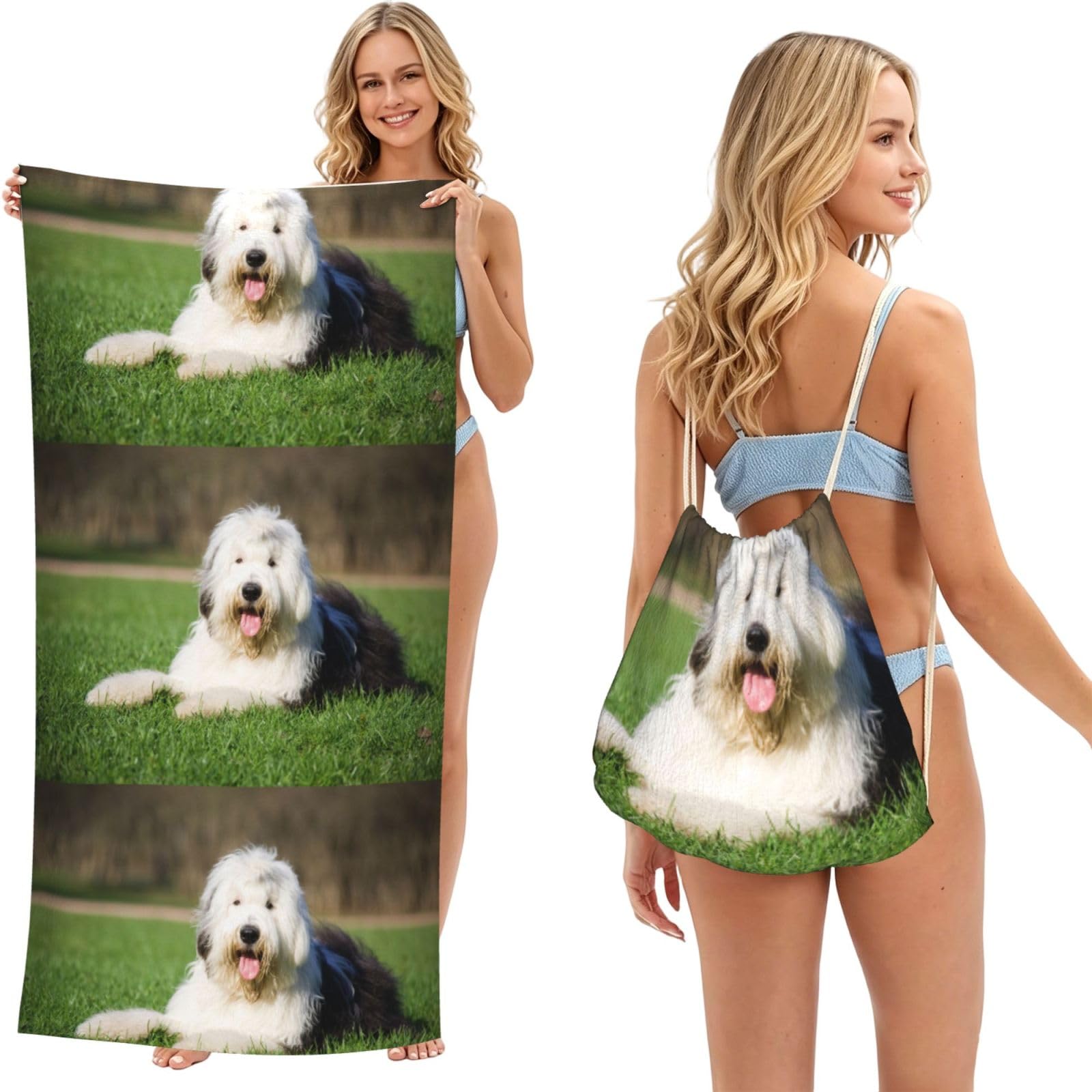 Poadnly As Picture Old English Sheepdog Dog, 2 In 1 Packable Towel Bag, Beach Towels With Drawstring Backpack For Travel Holiday Camping