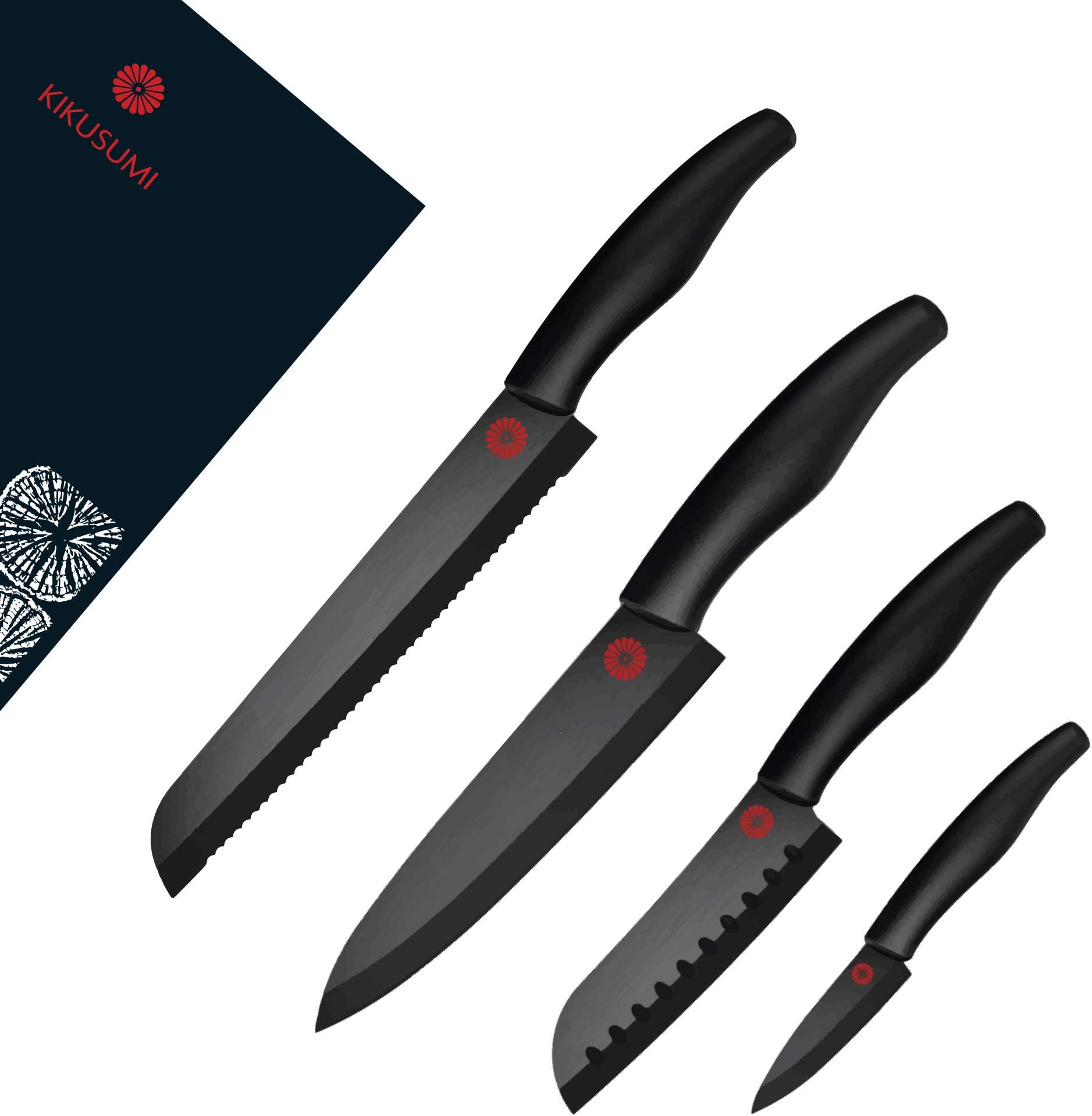 4-Piece Chef Knife Gift Set Bundle - SUMI Black Handle + Black Ceramic Blade - 7 inch Gyuto Chef Knife + 5 inch Santoku + 3 inch Paring + 8 inch Serrated Bread Knife + 4 Knife Sheaths