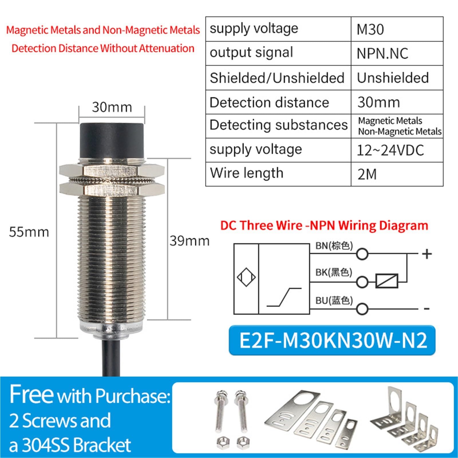 Metallsensor M30 erkennt Kupfer-, Aluminium- und Stahldistanz ohne Dämpfung IP68 wasserdichter Näherungsschalter Dreileiter 24V(E2F-M30KN30W-N2)