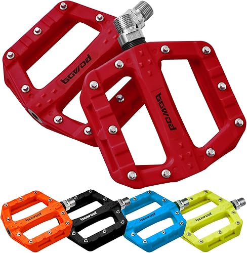 BOWOD Flat MTB Bicycle Pedals Mountain Bike Colored Pedals, Glass-Fiber Nylon Composite Platform Pedal w 916" Sealed Cr-Mo Spindle, BMX Gravel Road