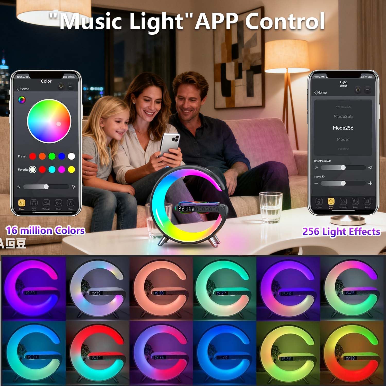 Lampe d'ambiance avec chargeur sans fil, mini haut-parleur sans fil avec réveil, haut-parleur Bluetooth avec lumière d'ambiance, lampe de chevet cadeau pour décoration d'intérieur, chambre à coucher