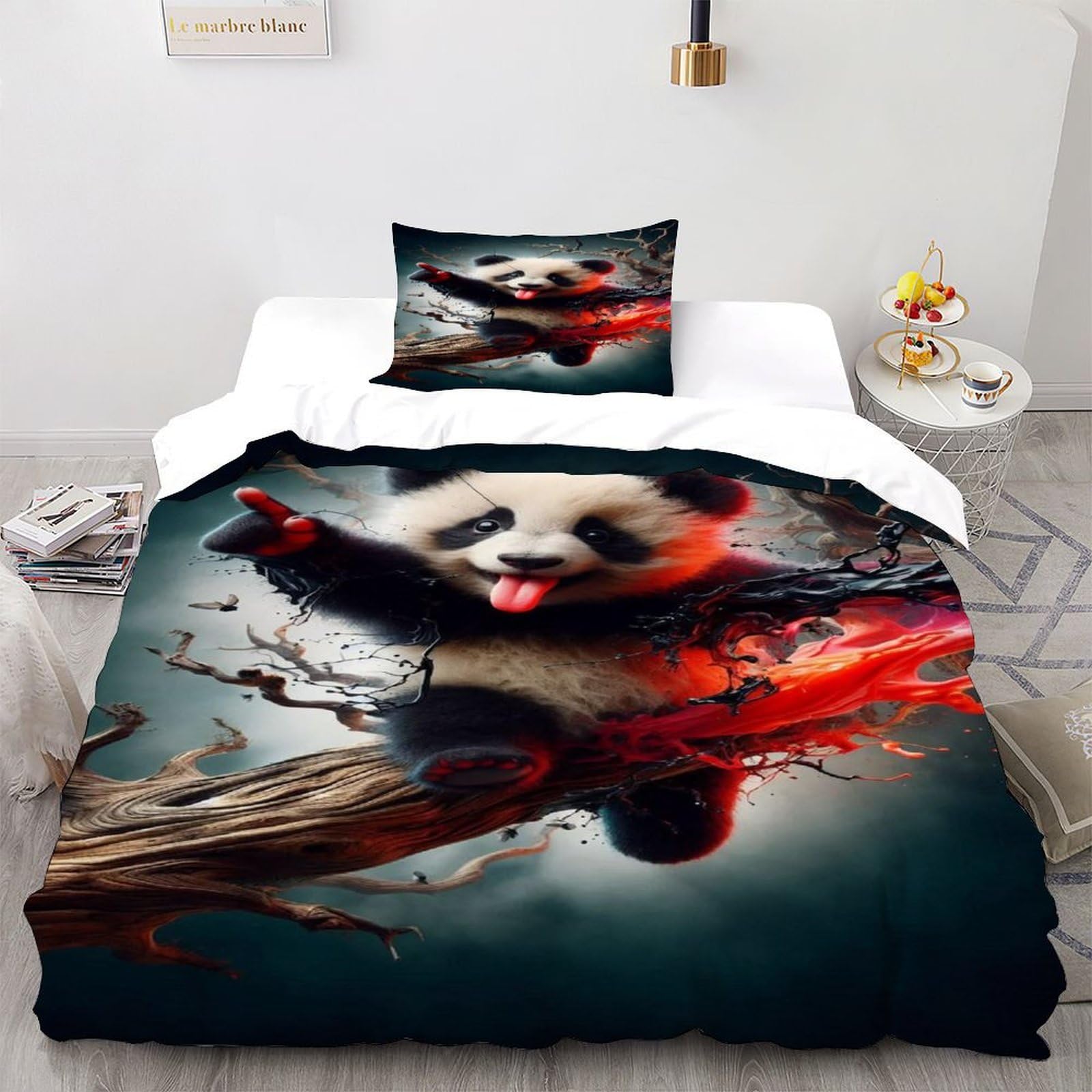 Housse de couette panda 135x200 parure de lit microfibre 2 pièces style animal pour adulte et enfant