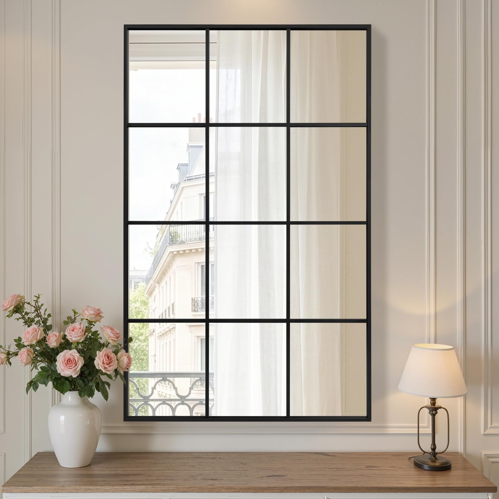Reflix Miroir de jardin extérieur, 120 x 75 cm, miroirs muraux pour décoration, miroir de fenêtre avec cadre en aluminium pour couloir, salon, chambre à coucher, entrée, noir