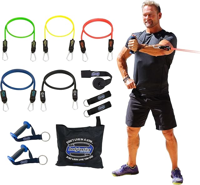 Bodylastics Resistance Band Set, 5 Resistance Bands for Working Out, Exercise Bands with Handles and Gym Ankle Straps, Stackable Workout Bands, Up to 96 lbs, Patented Clips & Snap Reduction Tech