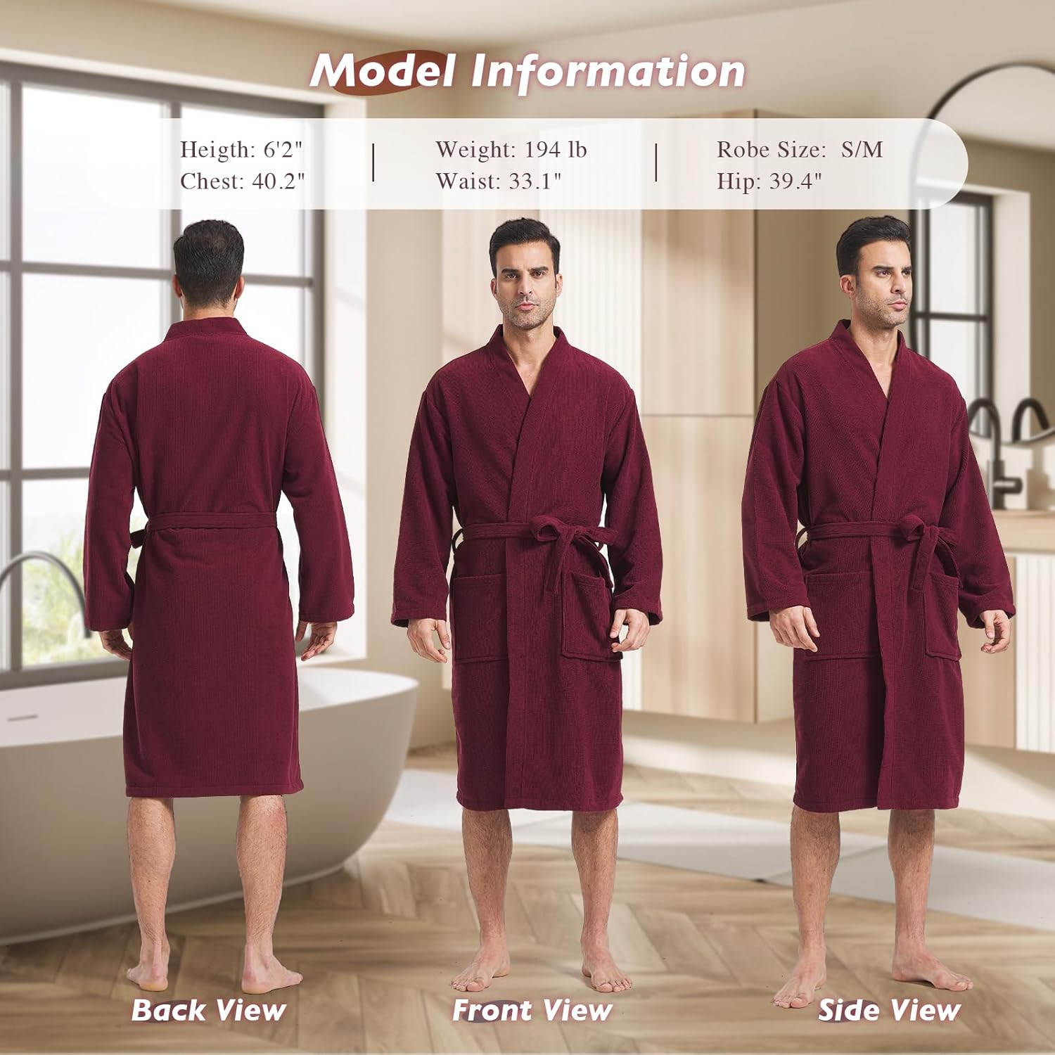 FashGudim Terry Cloth Robes for Men Big and Tall Short Mens Kimono Robe Super Absorbent Spa Bathrobe Calf Length With Pockets
