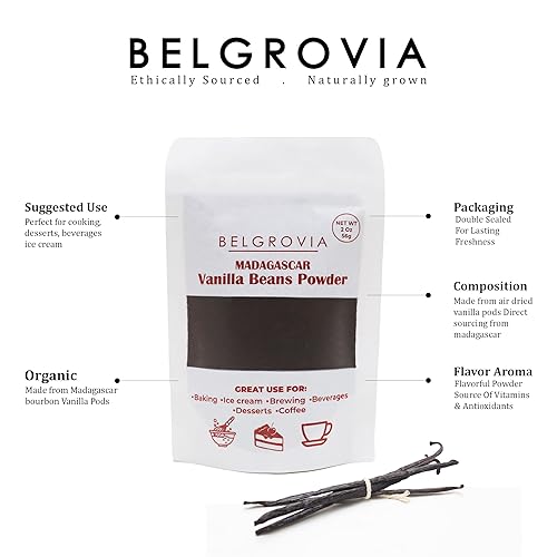 Miniatura 2 de Belgrovia - Polvo de grano de vainilla orgánico de Madagascar, polvo de vainilla molida 100% puro para hornear, café, batidos y saborizantes,