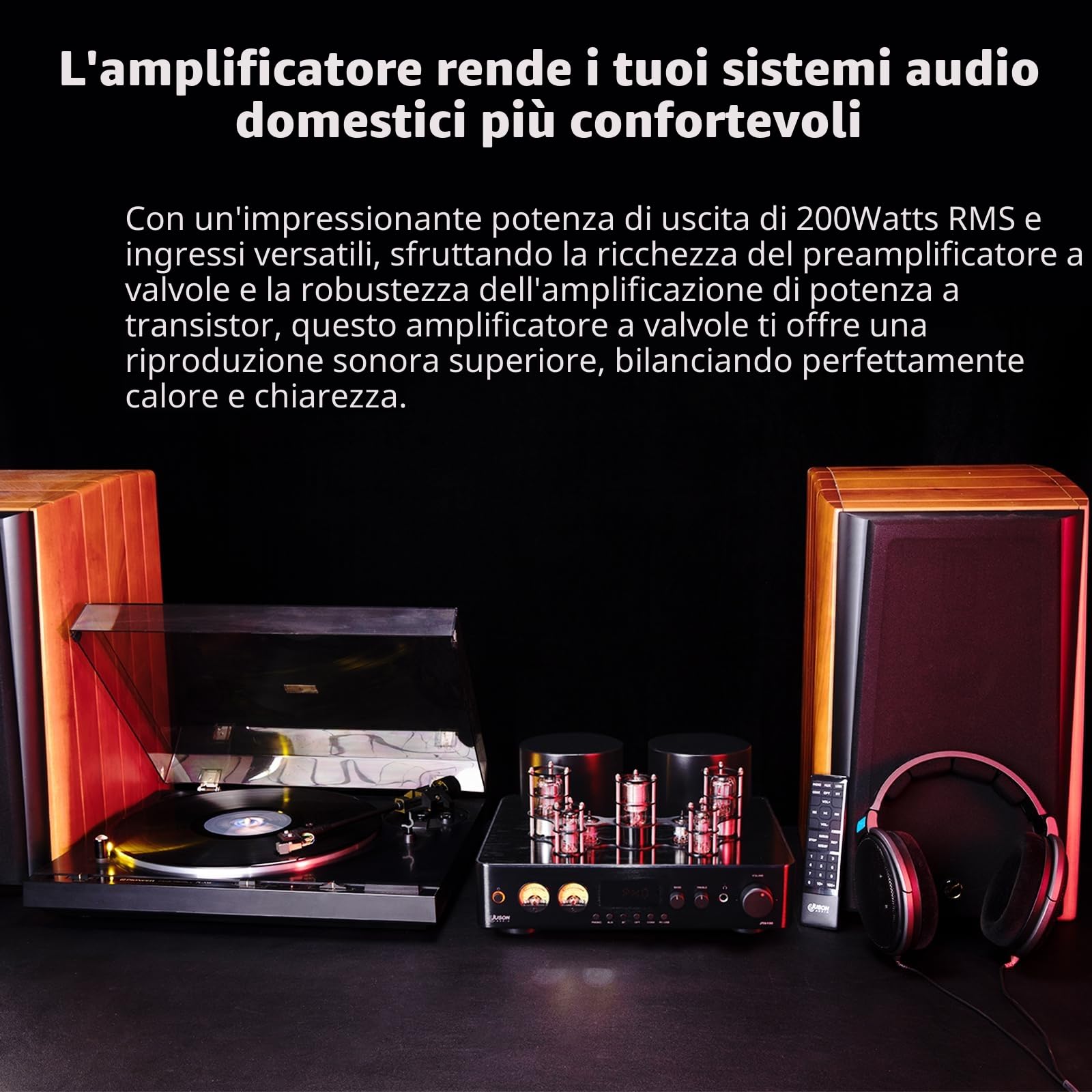 Juson Audio JTA100 200 W Amplificatore valvolare per tubi sottovuoto,ibrido integrato con Phono, BT 5.0 Optimal, ingresso RCA RCA e uscita cuffie 2.1CH Class AB HiFi Home Audio Amp per giradischi