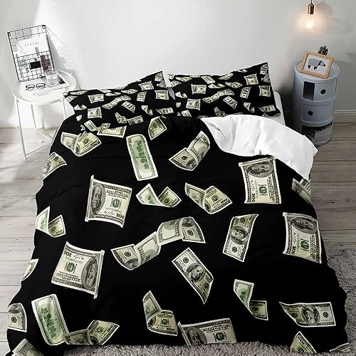 LUVIVIHOME Funda de edredón de lujo de 3 piezas, ropa de cama tamaño Queen, color negro, billetes de cien dólares en efectivo de 100 dólares, colcha