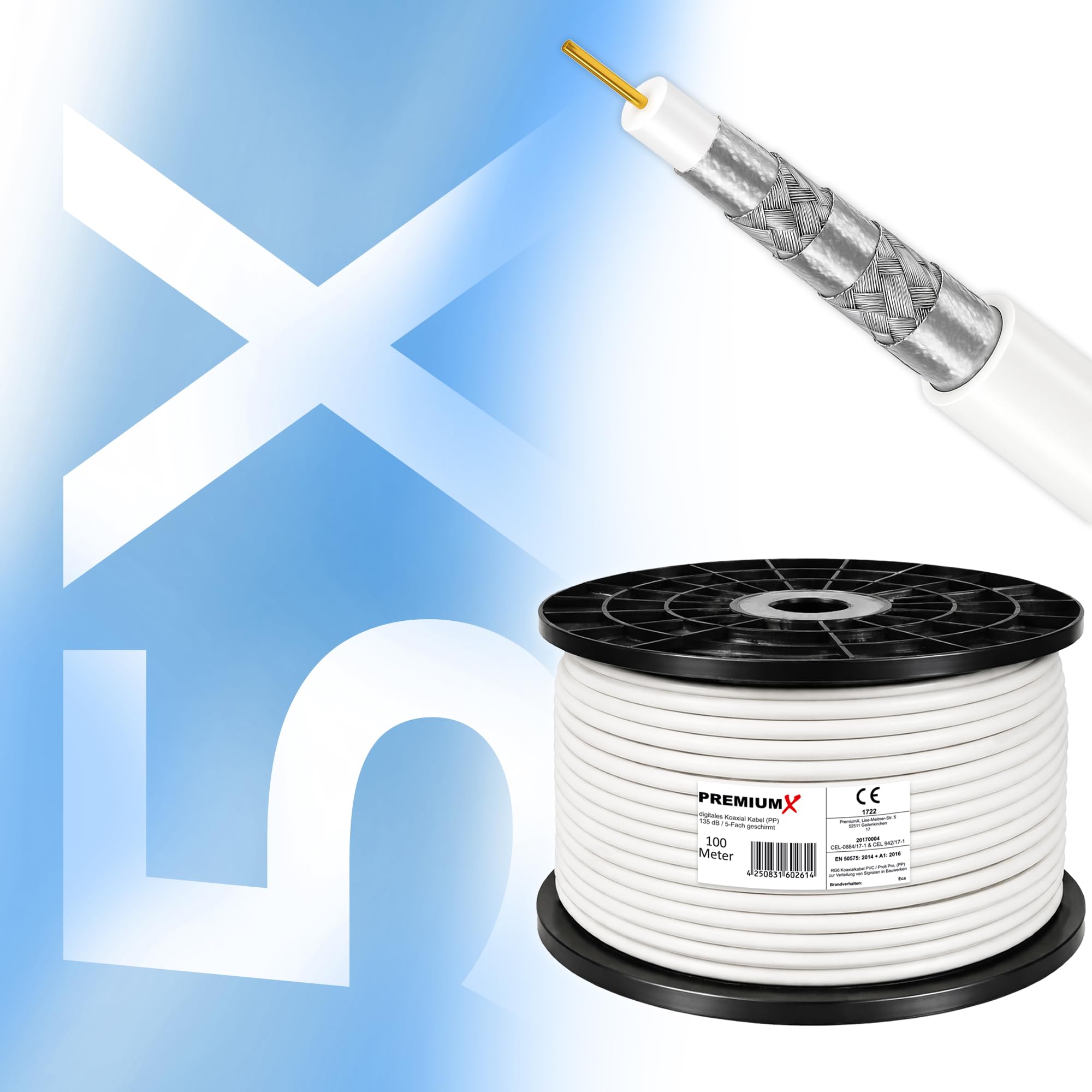Premium X PROFI PRO PP Koaxialkabel 100m - 5-fach geschirmt, 135 dB, reines Kupfer Sat Kabel, Antennenkabel Class A, für DVB-S/S2, DVB-C, DVB-T, BK Anlagen, Full HD UHD 4K