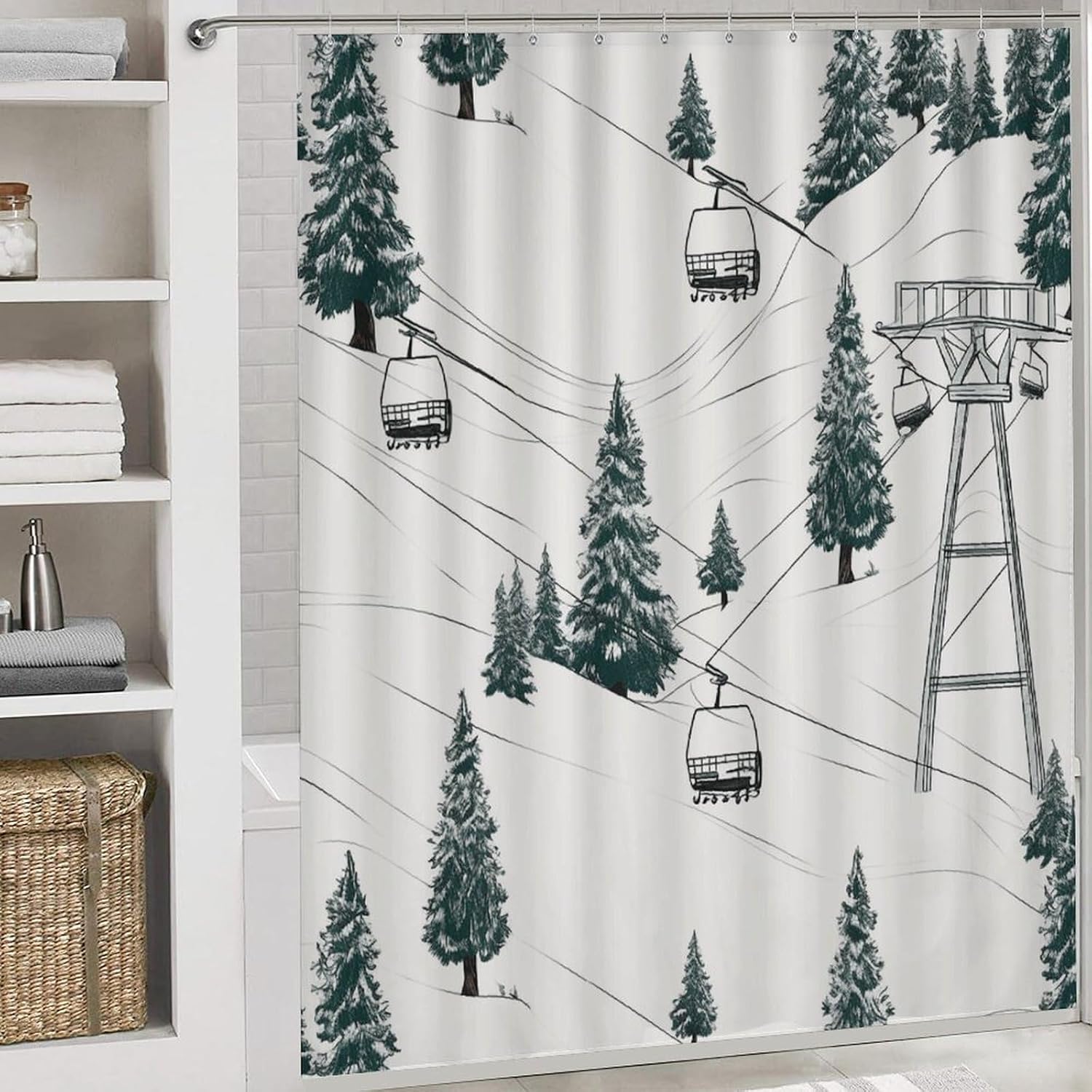 Ski Lift with Fir Tree Shower Curtain Set 4 Piece, Non-Slip Bath Mat with Toilet Lid Cover and Waterproof Shower Curtain with 12 Hooks, Complete Bathroom Set for Home Decor