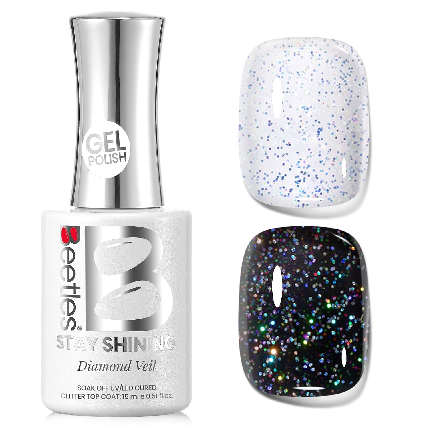 beetles Gel Polish Glitter Top Coat 15ml, Stay Shining No Wipe Reflective Silver Mix Glitter Shiny Clear Gel Nail Polish Long Lasting High Gloss UV Lamp Nail Art Design Manicure Gifts for Women