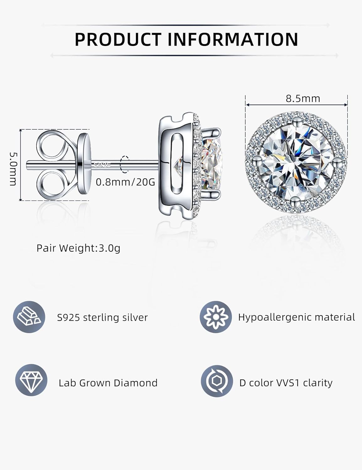 SAYATA Moissanite Halo Stud Earrings for Women & Men, Hypoallergenic 925 Sterling Silver Stud Earrings, 1.0-2.0ct - Image 5
