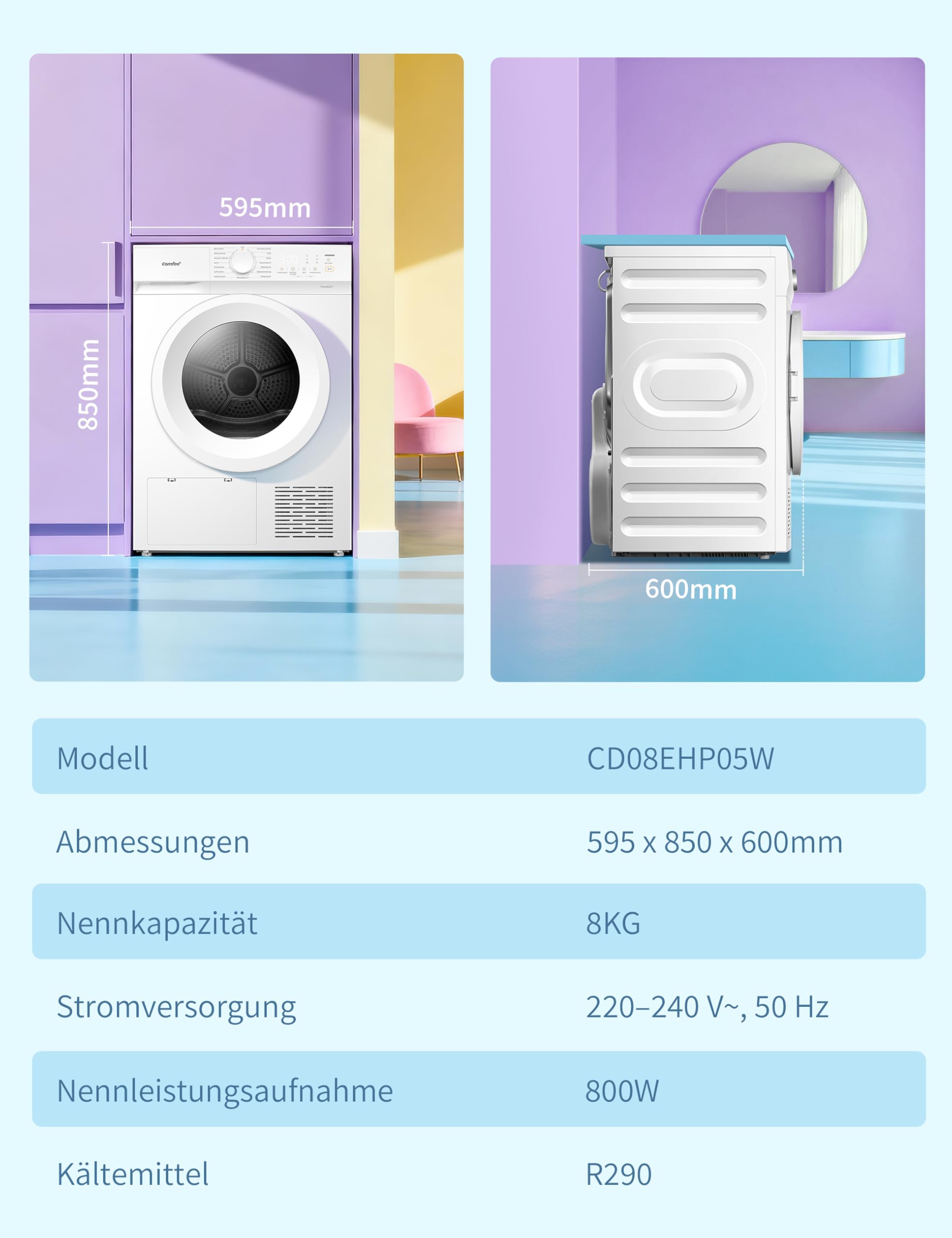 Comfee Wärmepumpentrockner 8kg Energieklasse D mit Wärmepumpentechnologie UV-Licht LED-Display Schnelltrocknen CD08EHP05W Weiß