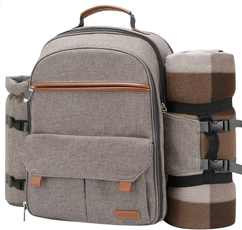 Miniatura 2 de Sunflora Mochila de picnic para 4 personas, paquete con bolsa aislante impermeable para acampar al aire libre familiar (cepillo beige + azul marino)