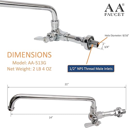 Miniatura 2 de Grifo de rango Wok manual comercial de montaje en pared individual con caño giratorio de 14 pulgadas, construcción de latón cromado pulido para