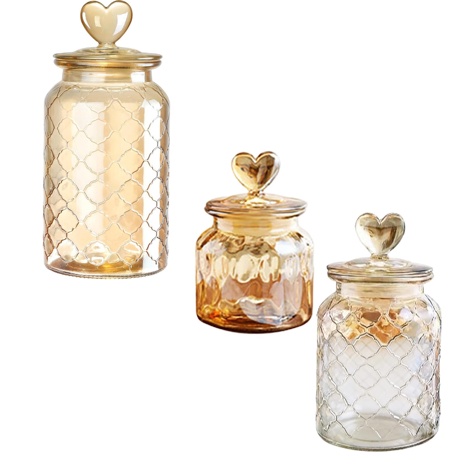 Zxfdsfdbnm Of 3 Transparency Glass Storage Jars Embossed Patterns and Sealing Heart Lids Candy Container for Home Use Multipurpose Jar