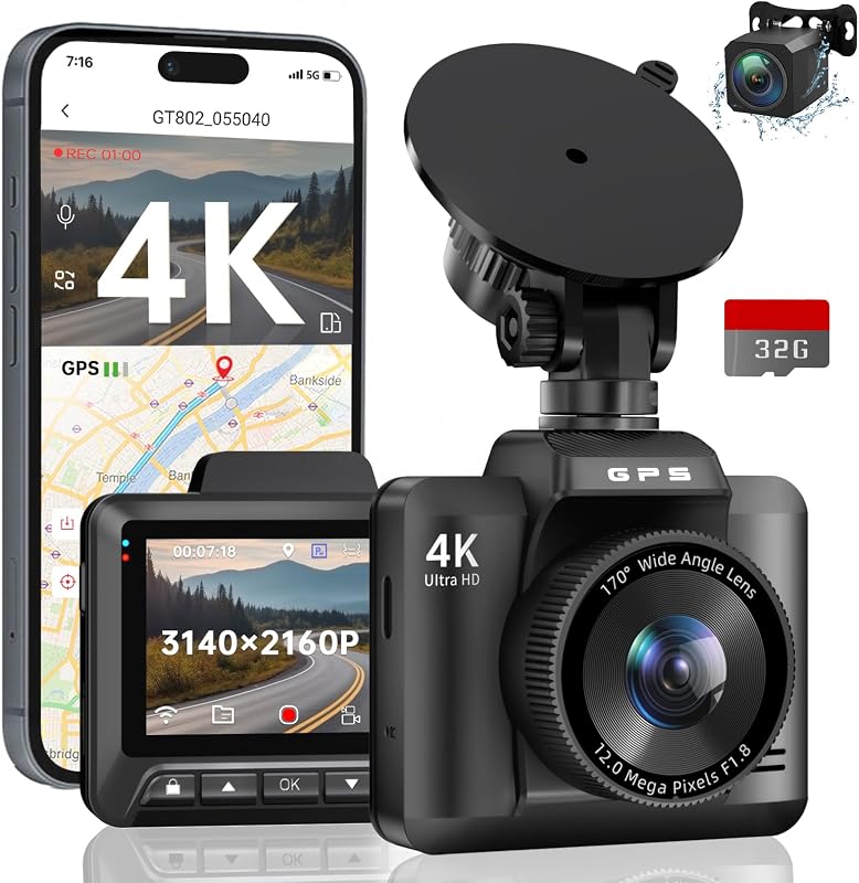 Dash Cam delantera y trasera, 4K+ 1080P Dash Cam para autos, tarjeta de 32 GB incluida | Ecomoment Cámara de salpicadero WiFi GPS, cámara de salpicadero con pantalla IPS de 2,4", 170° de ancho, visión nocturna, sensor G, grabación en bucle
