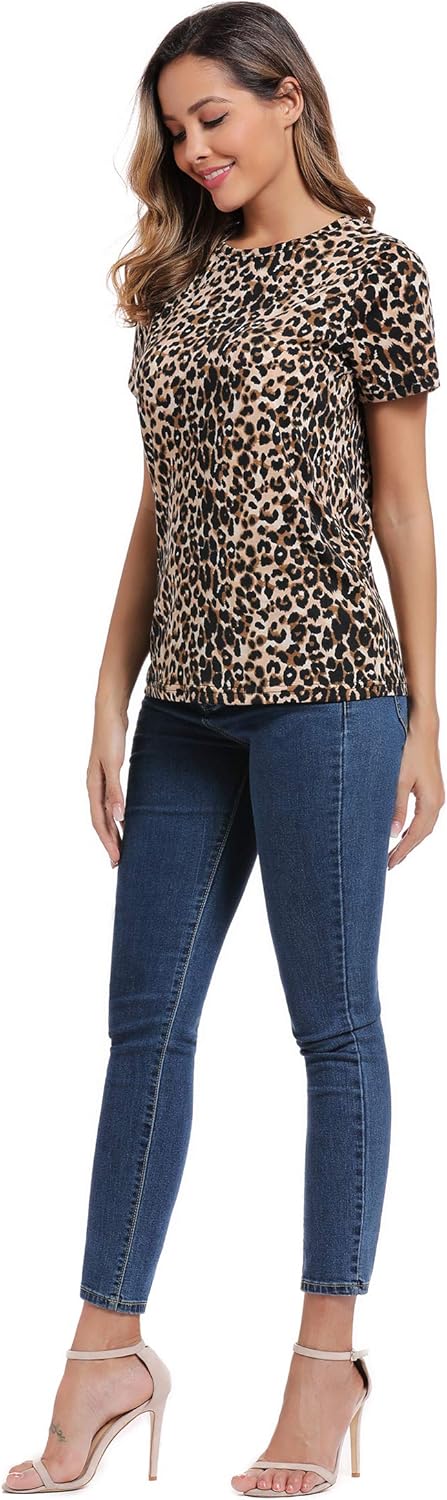 Summer T-Shirt Women's Leopard Short Sleeve Shirt Loose Round Neck Tee Casual Top - Image 4