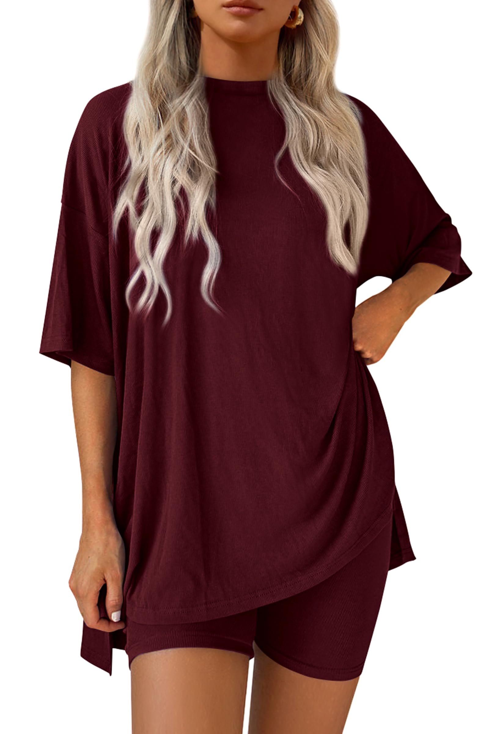 PRETTYGARDEN Women 2 Piece Lounge Set 2026 Summer Casual Oversized Shirts Biker Shorts Matching Airport Travel Outfit Clothes