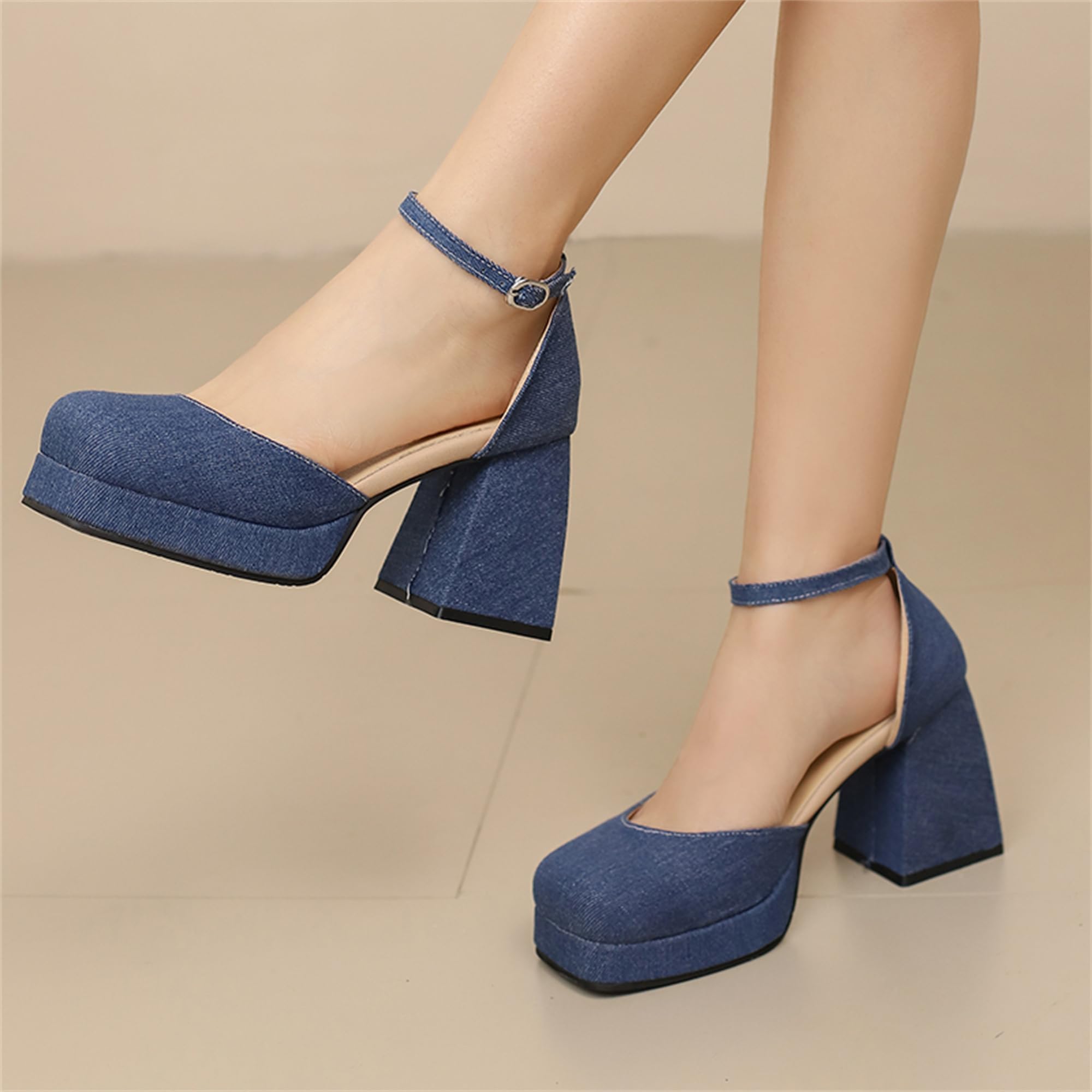 Zapatos Mary Jane sexys con Punta Cuadrada Cerrada y Tiras en Tobillo para Mujer,Tacones Bloque con Plataforma sexys,Sandalias tacón Elegantes para Fiesta