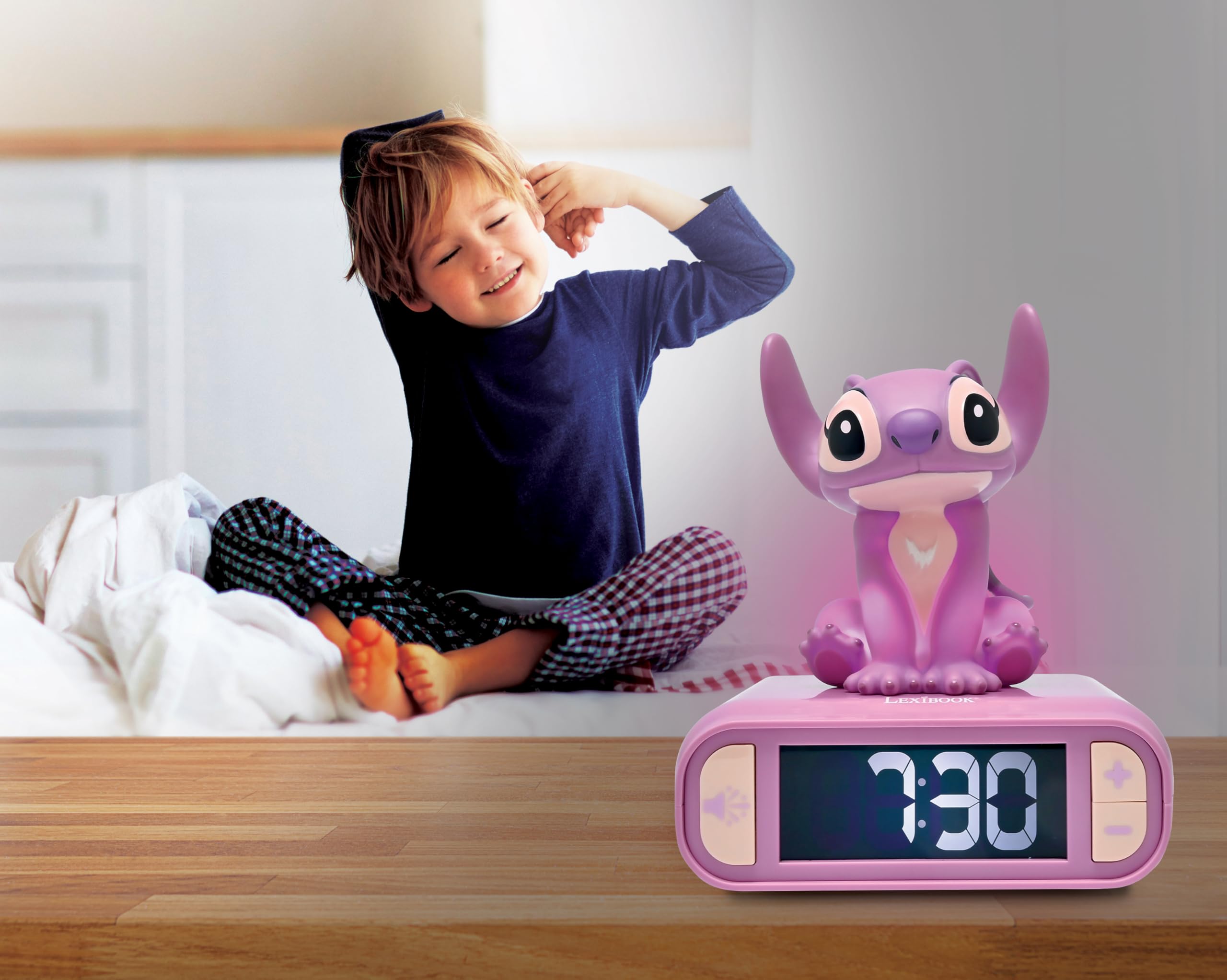 Lexibook, Disney Stitch, Budzik z Lampką Nocną Angel, Dźwięki i Melodie, Podświetlany Ekran LCD, LuminoUS, Drzemka, Różowy, RL800D1