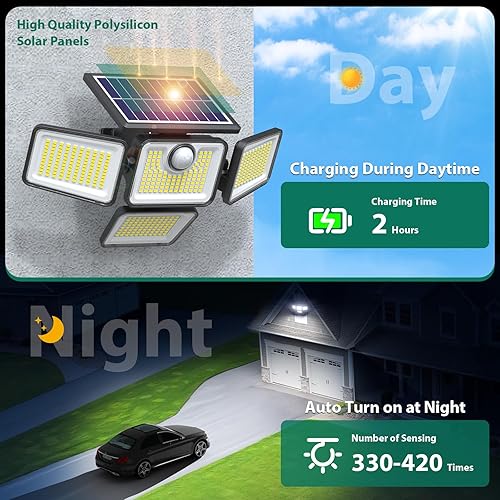 Miniatura 7 de Luces solares de 4500 lm para exteriores, 4 cabezales ajustables, luces con sensor de movimiento, 3 modos, 6500 K, IP65 impermeables, luces de pared