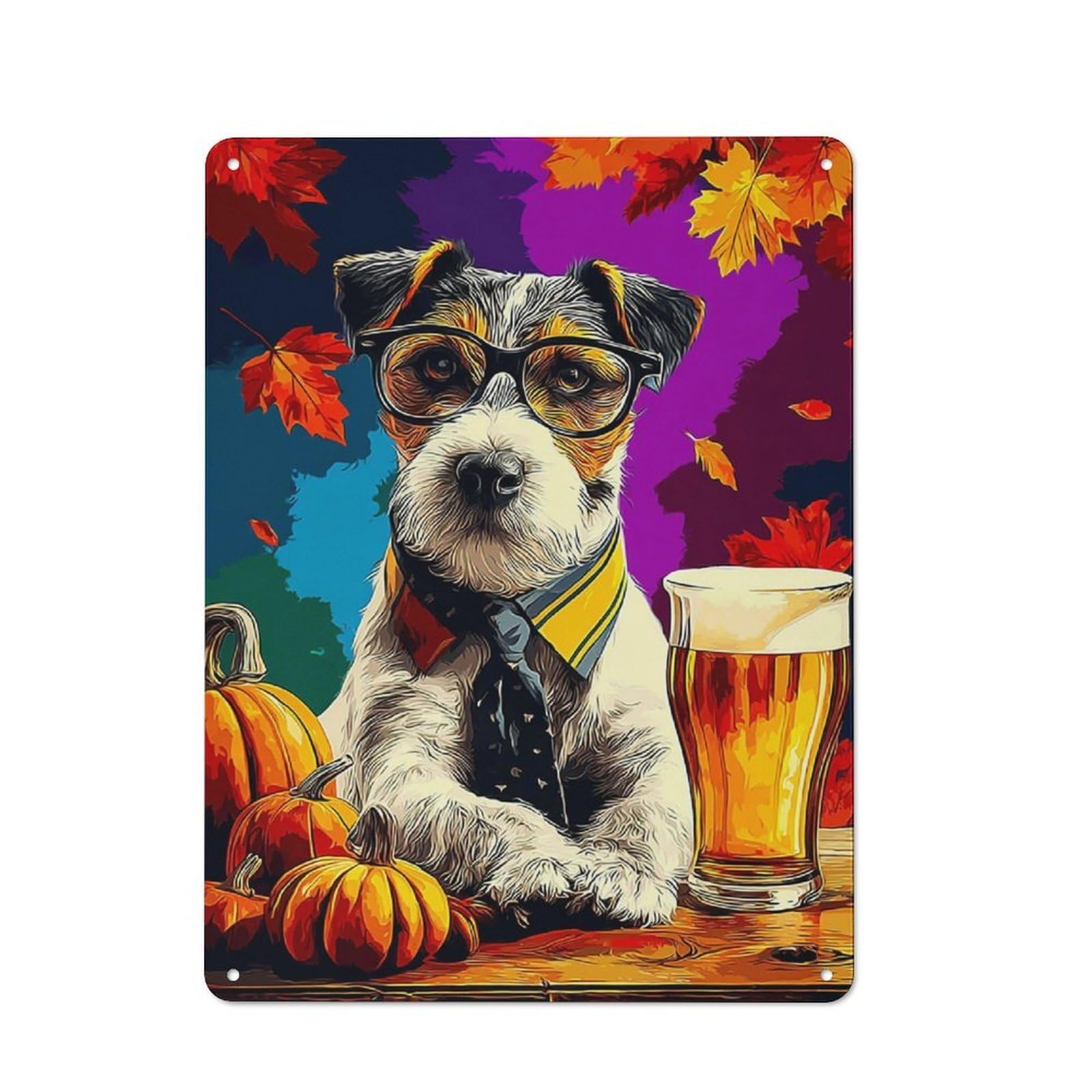 Junmoney Autumn Dog With Beer And Pumpkins Old Style Metal Wall Decor 40X30cm, Decorative Tin Plaque For Cafe, Pub, Workshop Or Home Bar