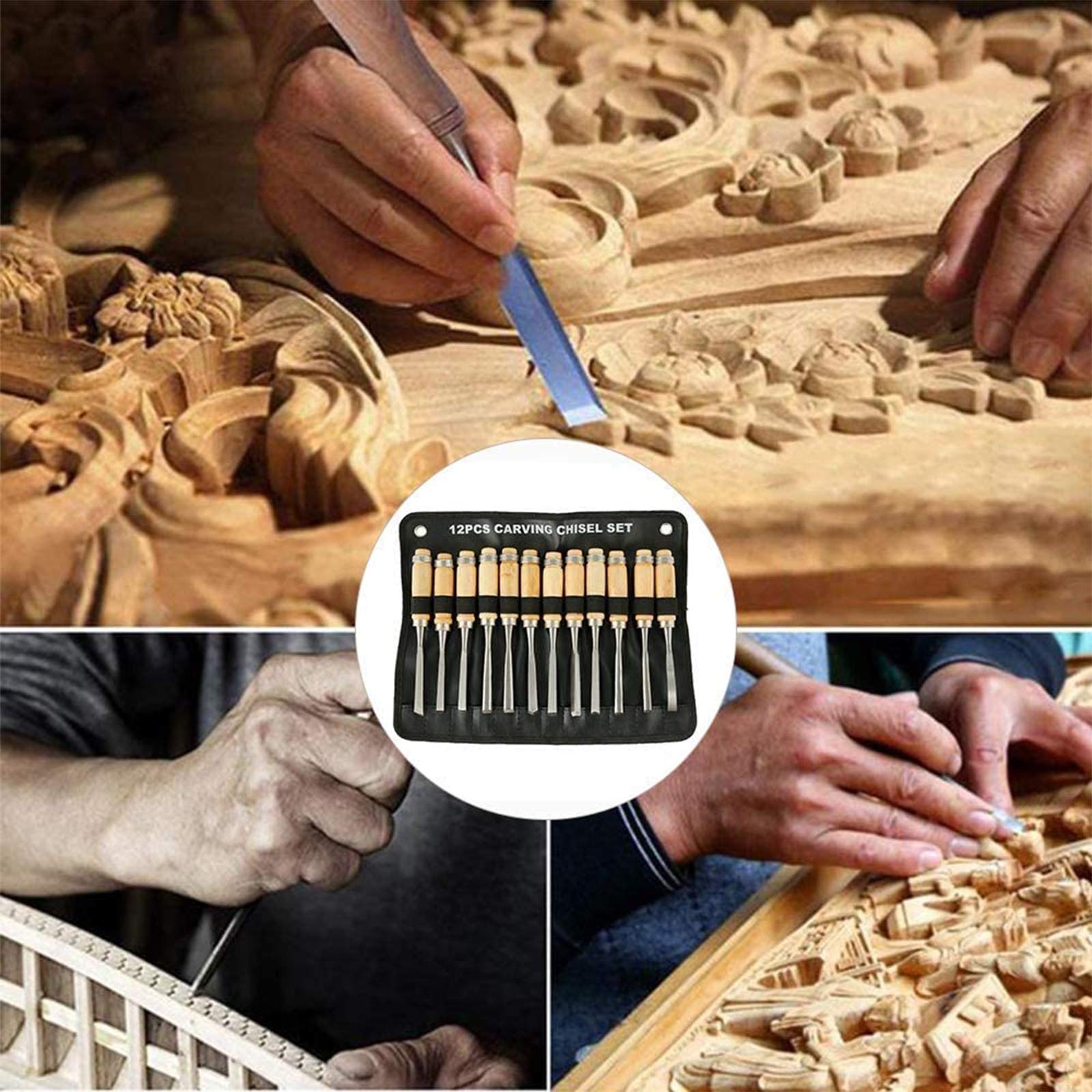 Juego de cinceles para Madera, gubias Profesionales para carpintería, Herramienta de cincel Manual con Mangos de Madera y Bolsa de Almacenamiento, Juego de 12 Piezas