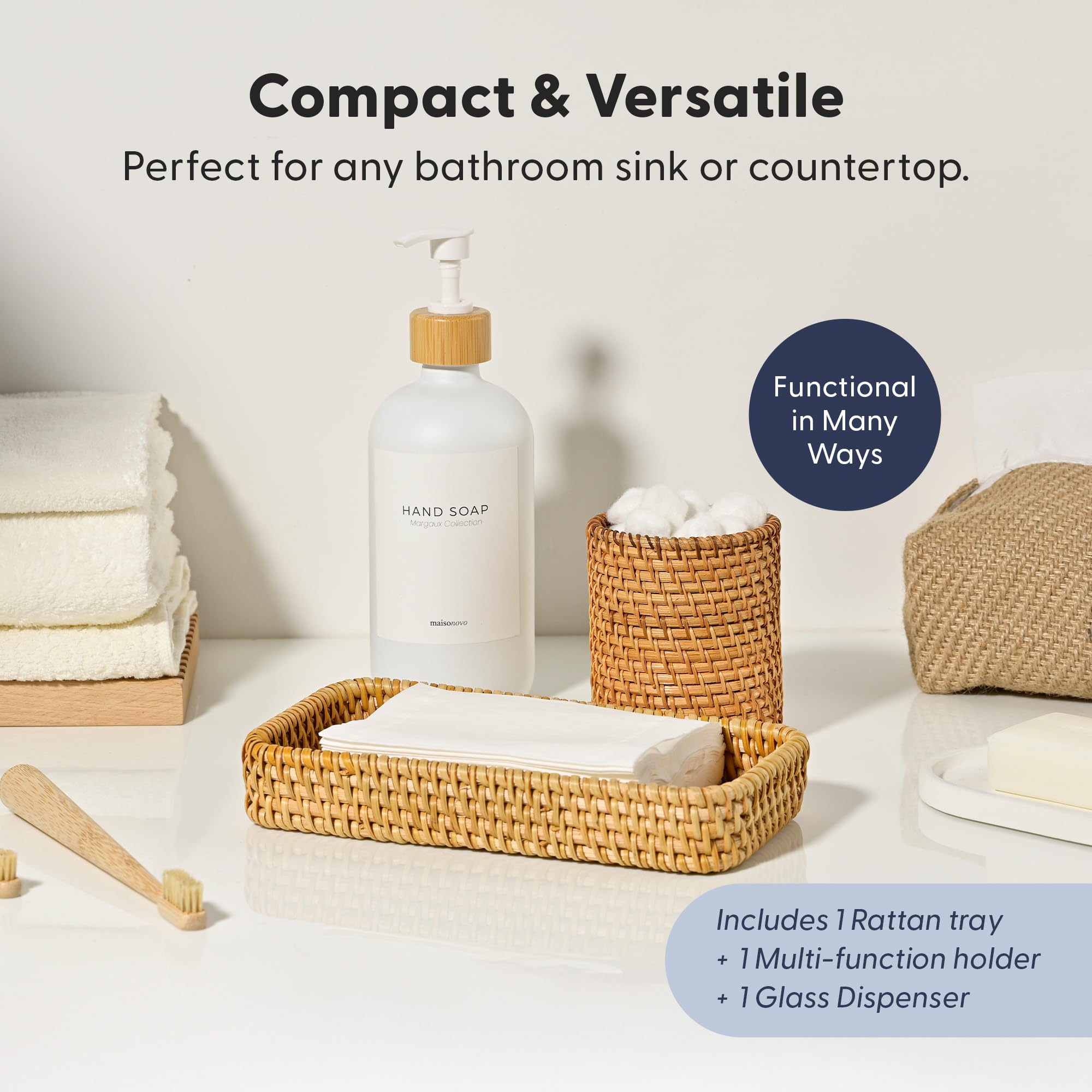 MaisoNovo Set da bagno in rattan, dispenser bianco da appoggio, portaspazzolino e tazza di dentifricio con vassoio, set di 3 vassoi rettangolari in rattan per riporre oggetti