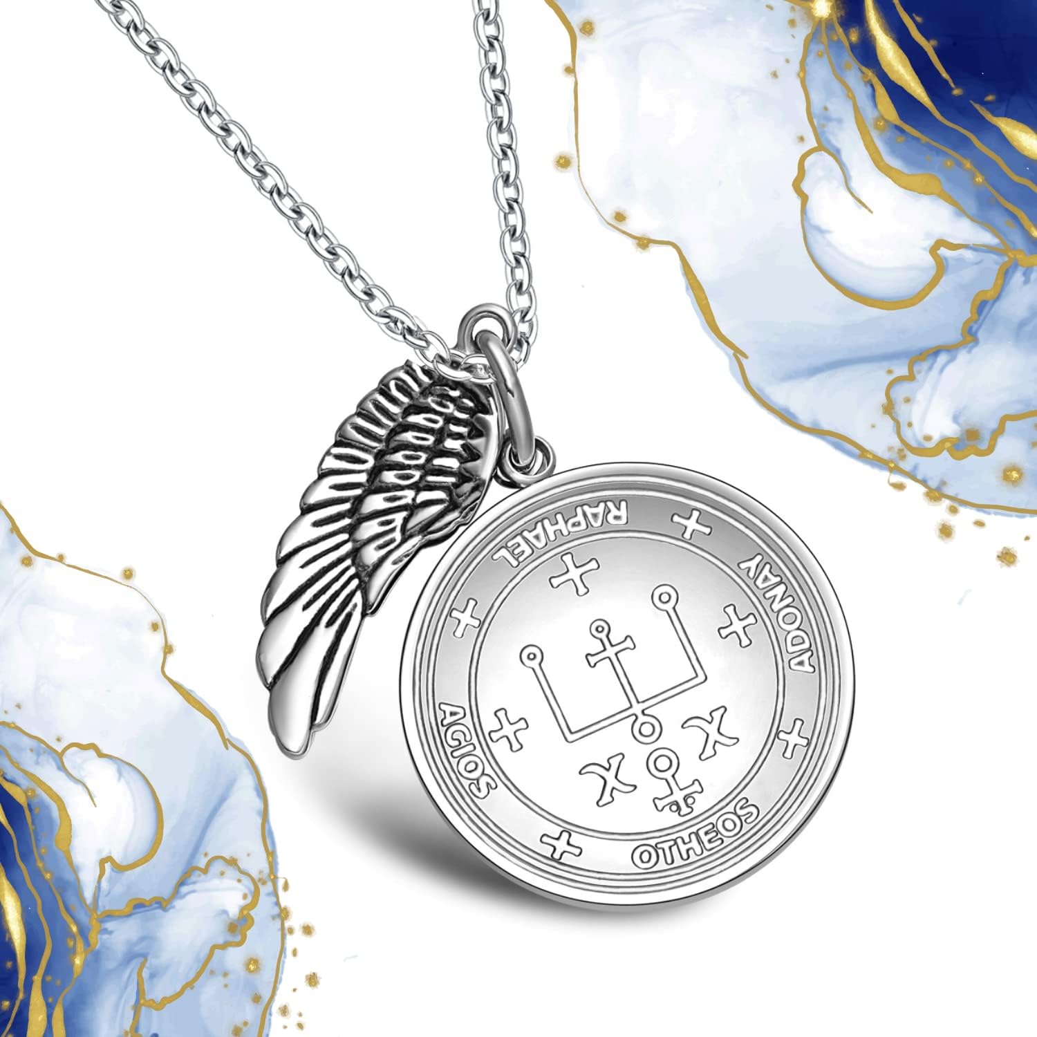 St Raphael Necklace for Men and Women - Archangel Raphael Sigil from The Ancient Book of King Solomon - Healing Prayer Included - Angel Wing Pendant - Miraculous Medal - Guardian Crystal Amulet
