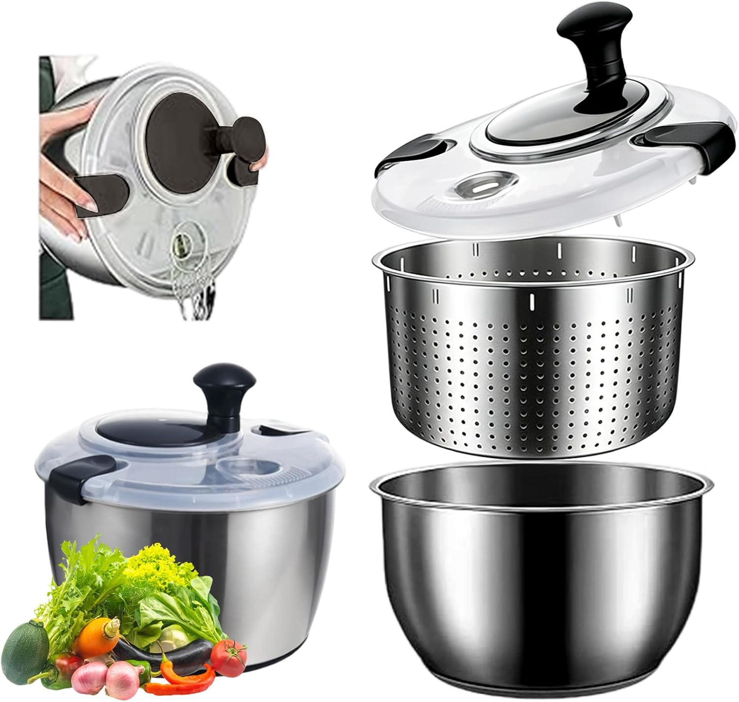 5L Salad Spinner Stainless Steel Salad Spinner with Lid Food-Safe Stainless Steel Non-Slip Base Efficient for Salad Preparation and Food Cleaning 304 Stainless Steel