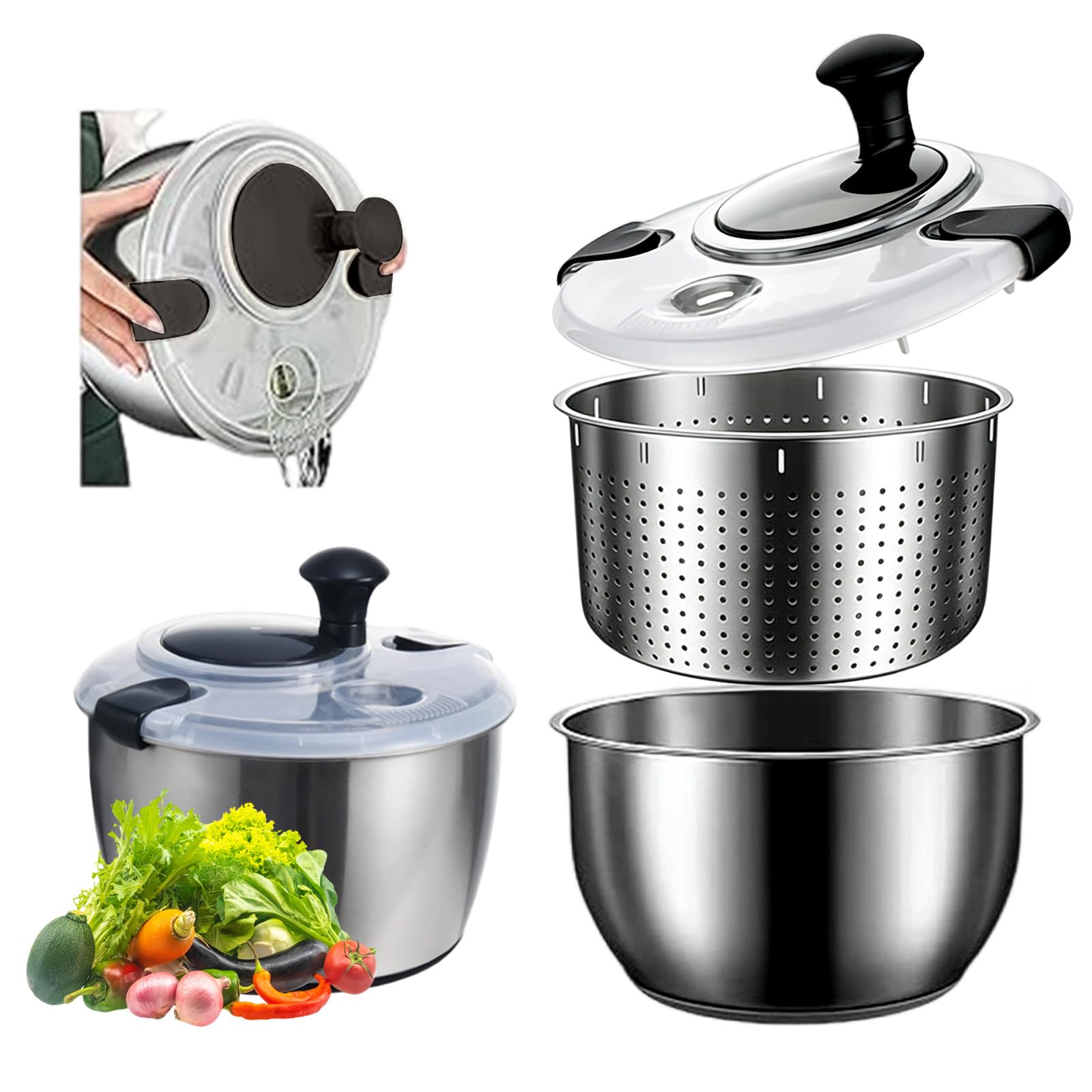 5L Salatschleuder, Salatschleuder Edelstahl, Salatschleuder Mit Deckel, Lebensmittelecht Edelstahl, Rutschfester Sockel, Effizient zur Salatzubereitung & Lebensmittelreinigung (Edelstahl 304)
