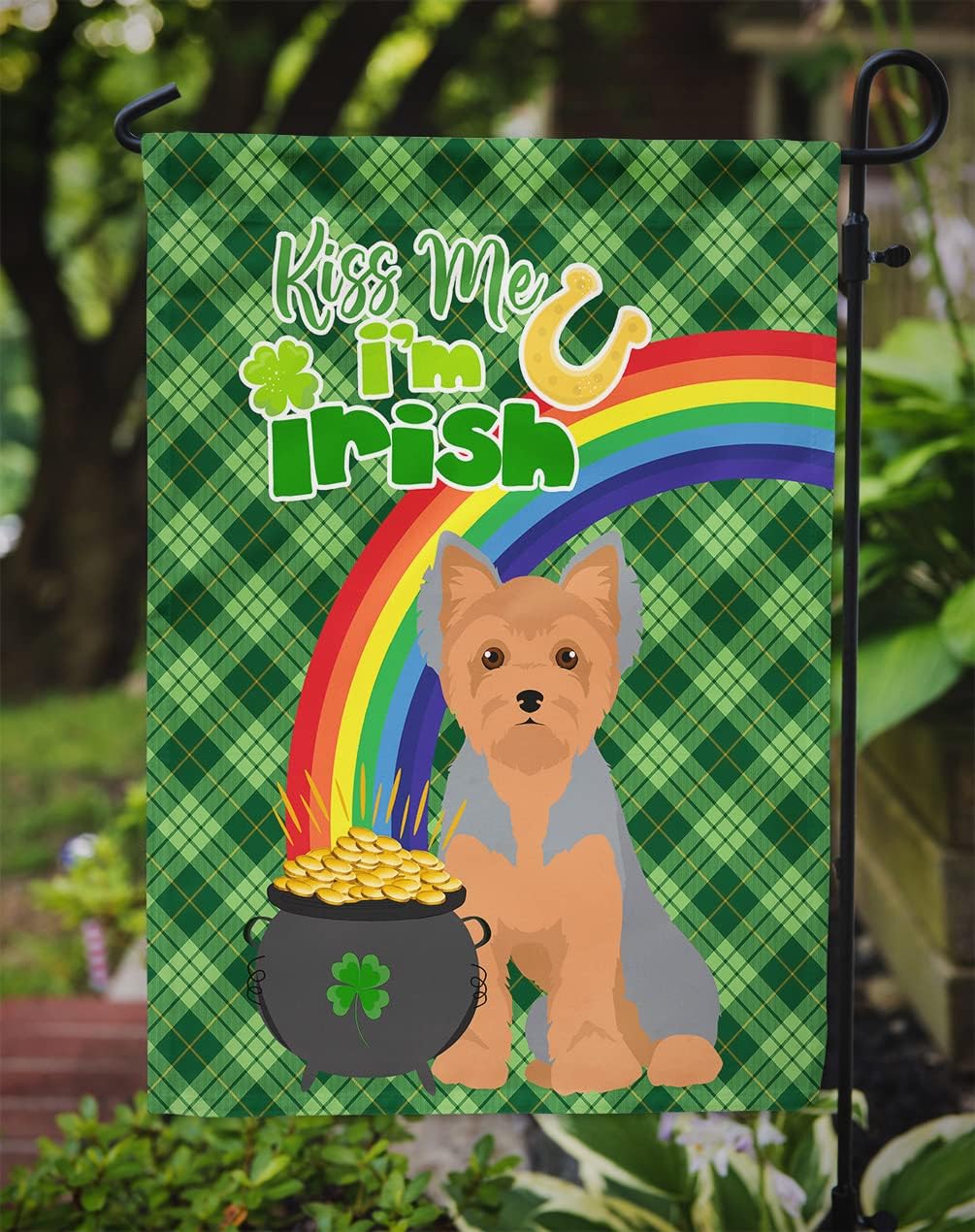 Caroline's Treasures WDK4924GF Blue and Tan Puppy Cut Yorkshire Terrier St. Patrick's Day Garden Flag Mailbox Flag Decorative Yard Flag Banner Outside Patio Artwork Yard Flower Beds, Garden Size, MUL