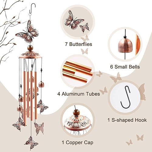 Miniatura 3 de Campana de viento de mariposa para exterior, 34 pulgadas de longitud, campanilla de viento de mariposa conmemorativa con 4 tubos grandes de aluminio