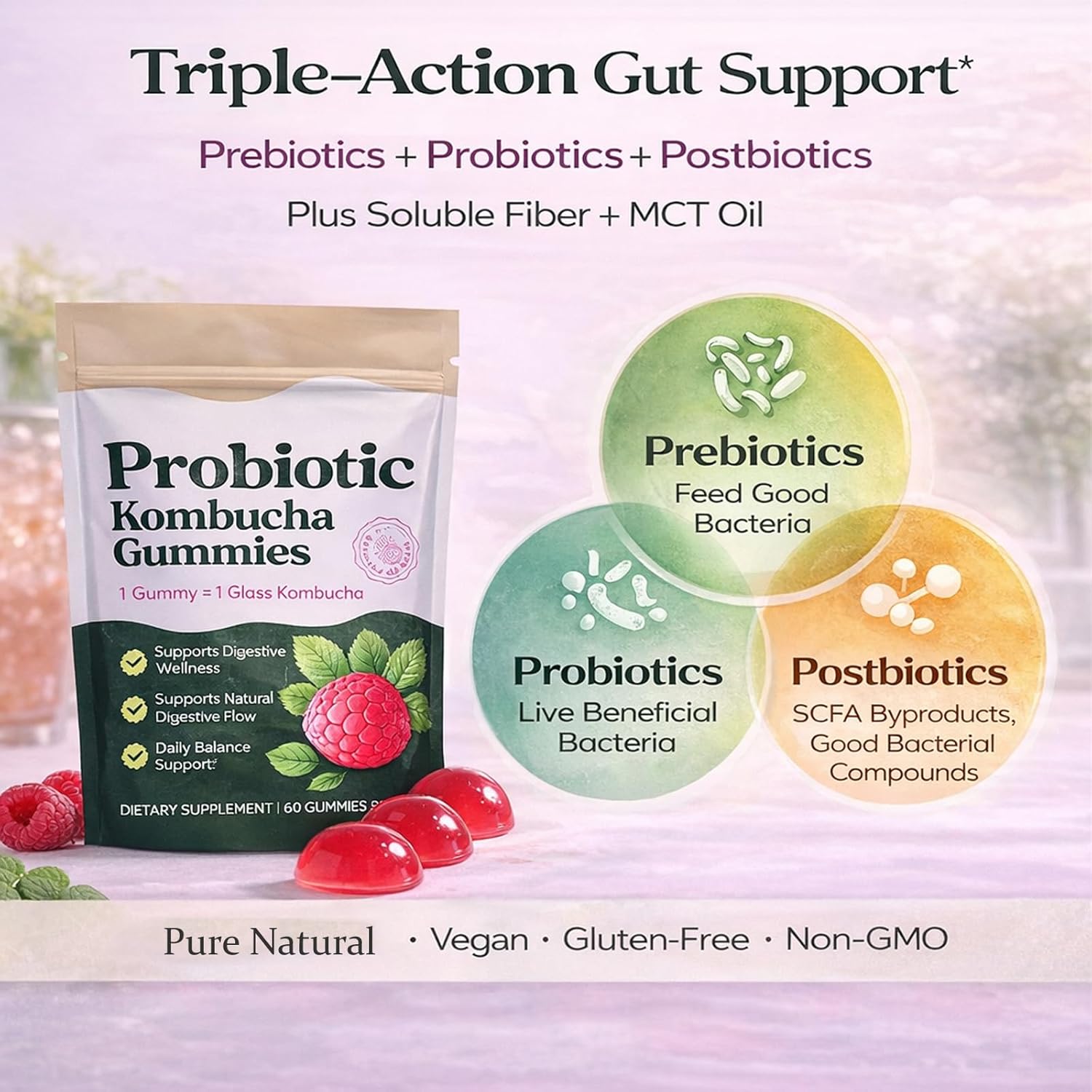 Probiotic Kombucha Gummies with Prebiotics, Probiotics & Postbiotics – Digestive Support Fiber Gummy Supplement with Slippery Elm, Dandelion Root & MCT Oil – Vegan, Non-GMO, 60 Gummies - Image 3