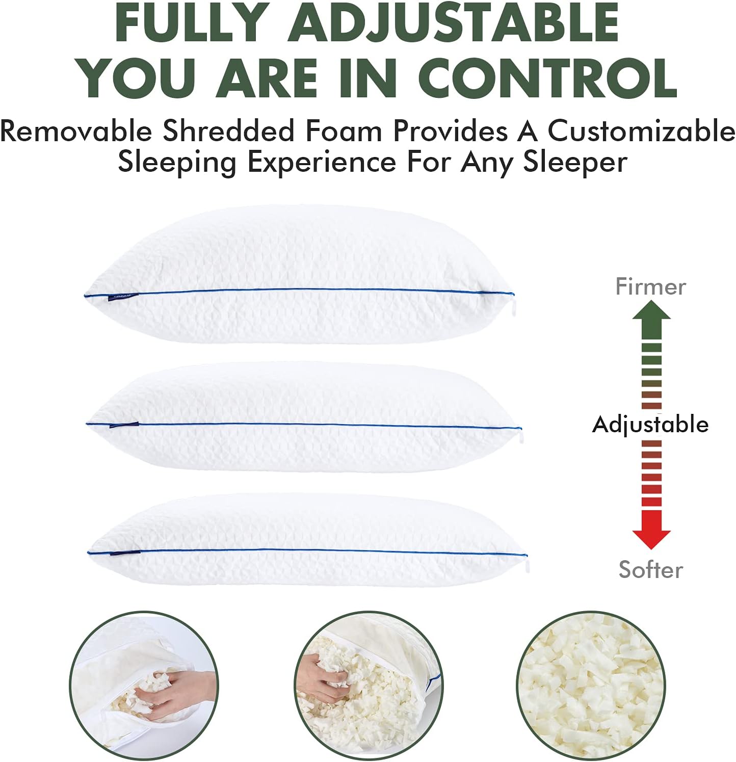 viewstar Pillows for Sleeping 2 Pack Cooling Shredded Memory Foam Pillows King Size, Height Adjustable Medium Firm Bed Pillows for Side Back Stomach Sleepers, Zippered Bamboo Fiber Cover(20"x 36") : Everything Else