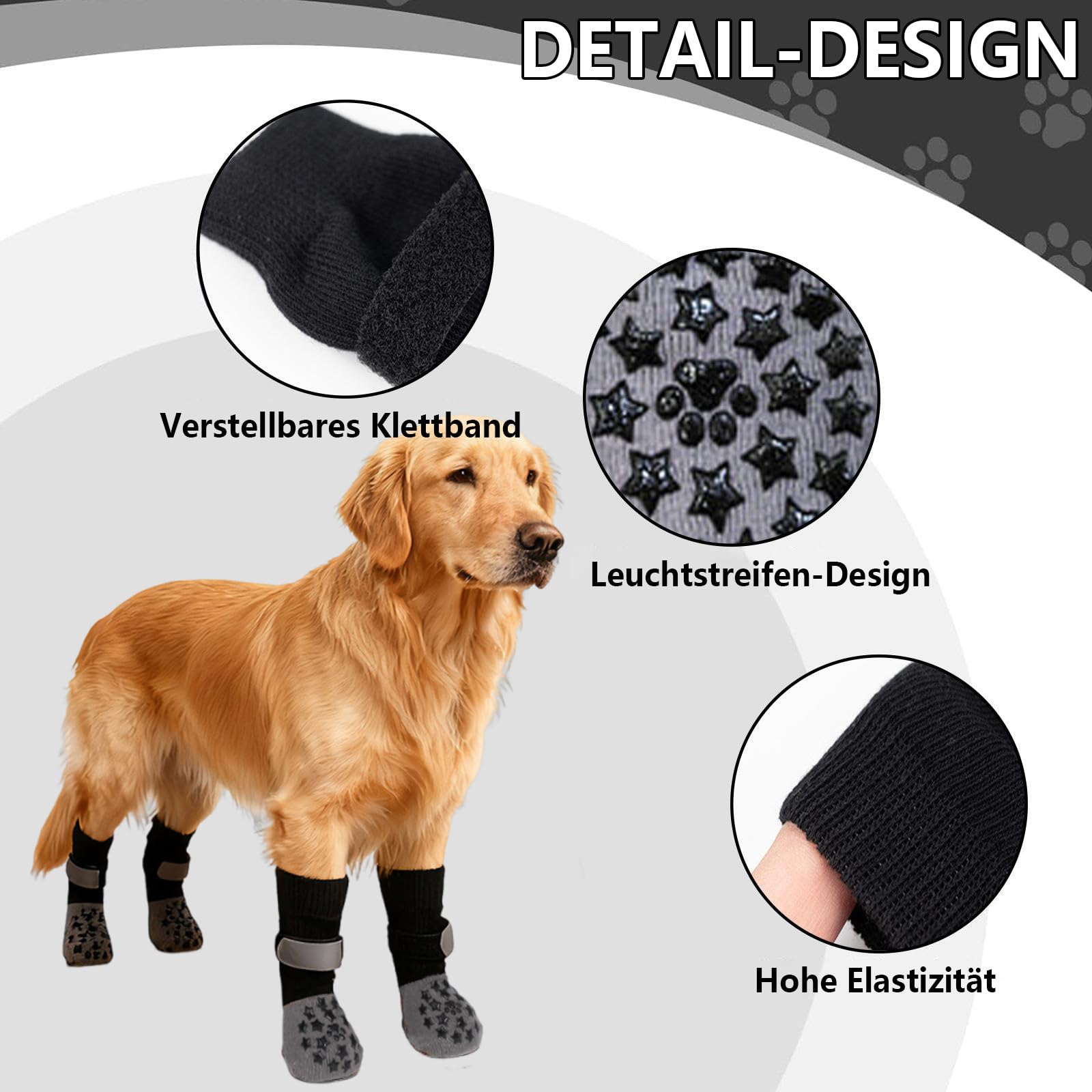 Lot de 2 paires de chaussettes antidérapantes pour chien - Protection des pattes de chien - Protection contre la chaleur - Avec fermeture réglable et bande réfléchissante - Contrôle complet de