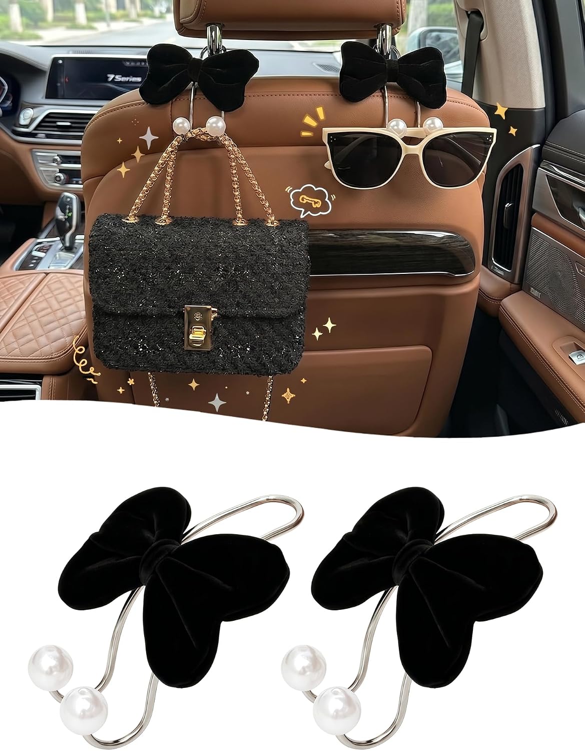 2PC Car Hooks for Purses and Bags Cute,Bowknot Seat Back Hook for Car