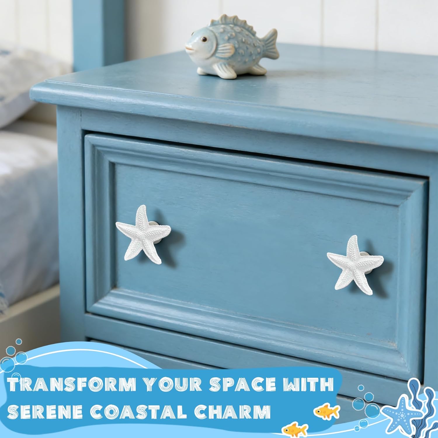 Starfish Drawer Pulls and Knobs 4Pack Glittery Animal Cabinet Knobs Cute Pulls for Kitchen Bathroom Dresser White Ocean Beach Theme Handles