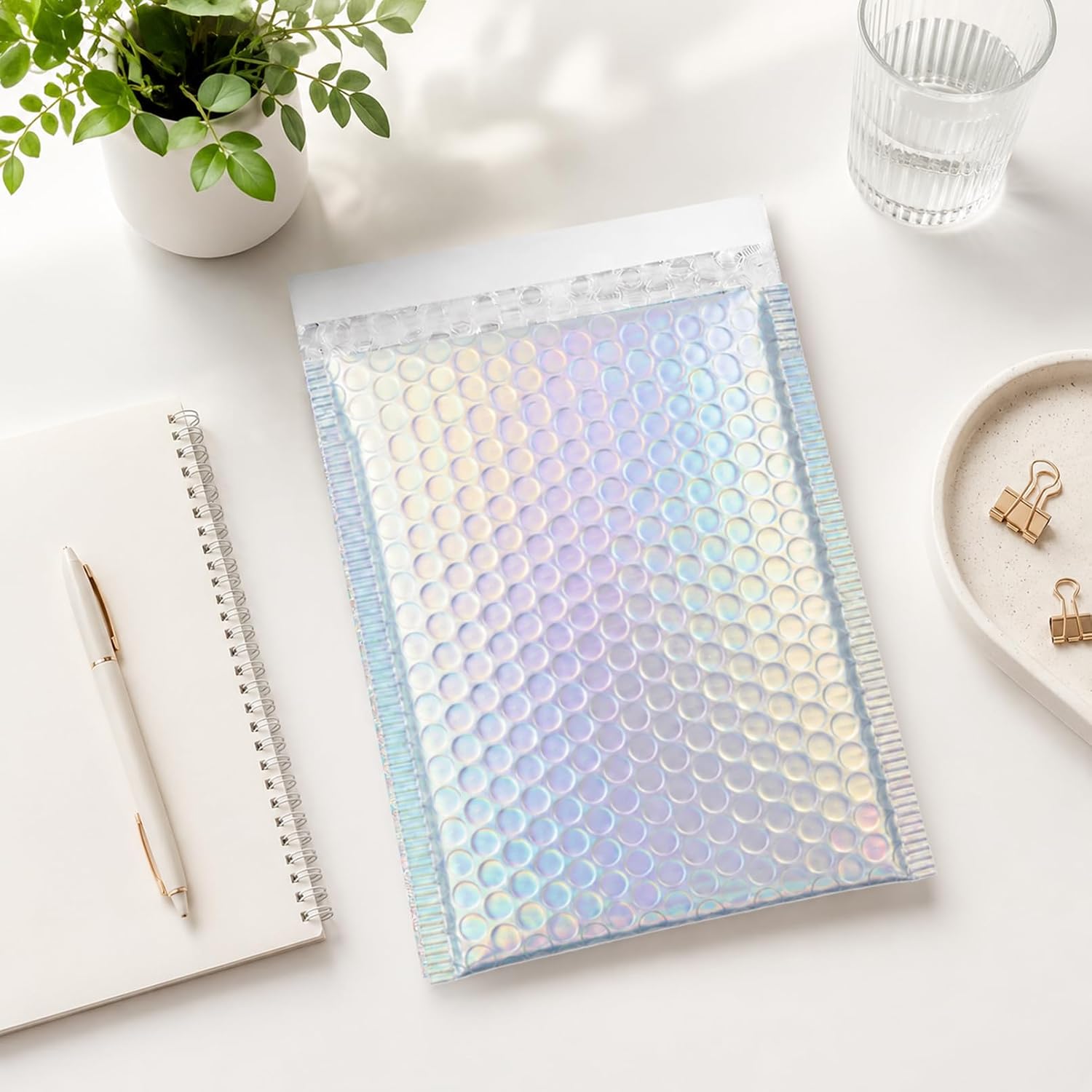 60 Pack Holographic Bubble Mailers, Metallic Bubble Padded Mailer, Self Seal Bubbles Envelopes with Thank You Sticker for Jewelry Makeup Small Business, Inner Size 5.1x7.9 in, Rainbow Color