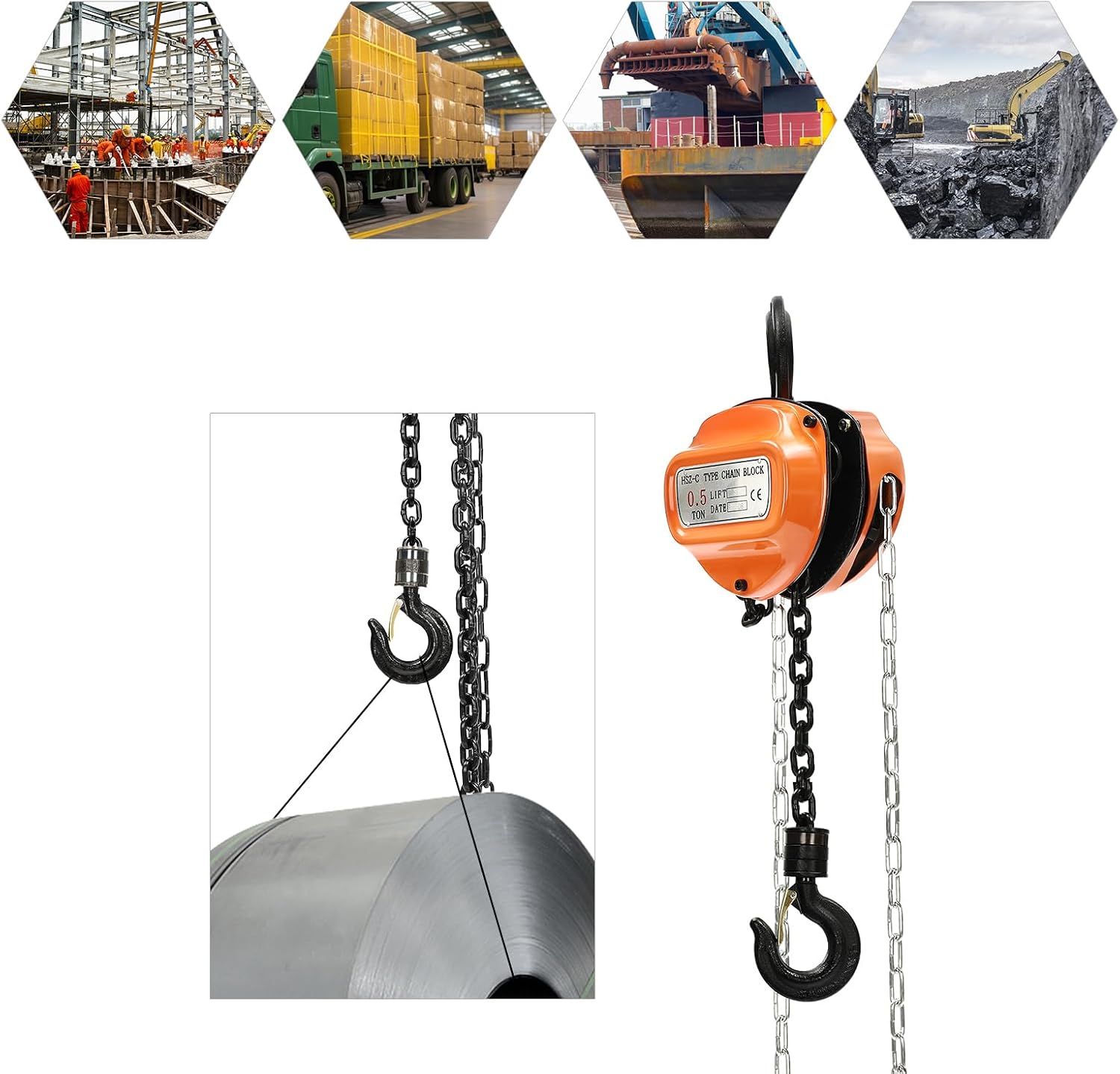 Hand Chain Hoist 1Ton, Chain Fall 2200LBS Capacity, Manual Chain Hoist 9.84ft, Chain Block Hoist with 2 Heavy-Duty Hooks with Safety, for Garages Warehouse Automotive Machinery, Orange