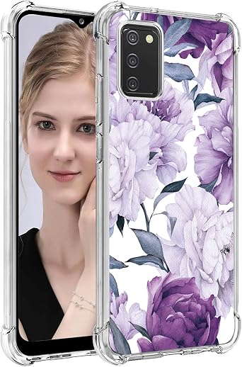 for Samsung Galaxy A03S,TPU Soft Rubber Four Corners Reinforced Anti-Fall Mobile Phone case Cover for Samsung Galaxy A03S/Galaxy A02S. Purple Flower