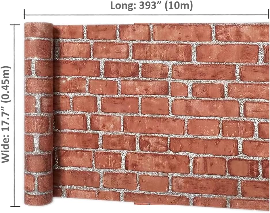 Lependor 17.7" X 393" Decorative Wallpaper Self-Adhesive Wall Paper Lengthen Red Brick Printed Stick Paper Easy to Apply Peel and Stick - 17.71" X 32.8 ft
