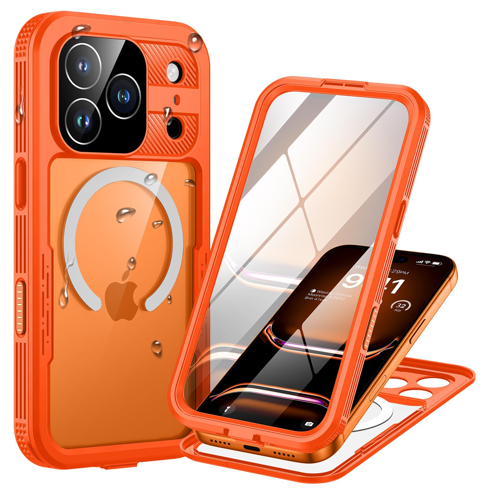 Lanhiem para Funda iPhone 17 Pro MAX Impermeable IP68, Magnética Carcasa 360 Grados Antigolpes Robusta Militar Compatible MagSafe Completa Estanca Antipolvo Acuatica con Protector Pantalla,Naranja